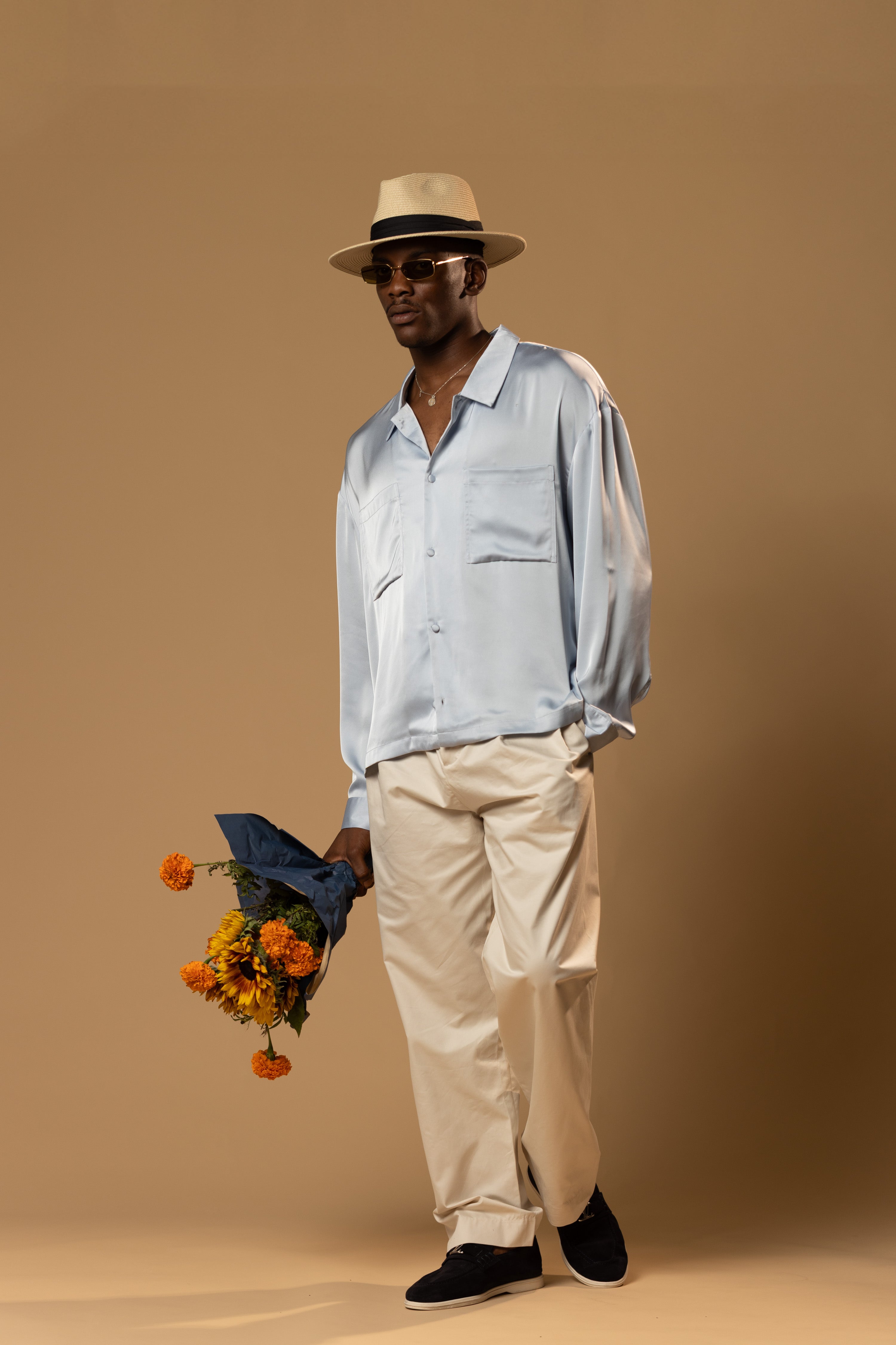 Sink Troy Long Sleeve Satin Shirt in Baby Blue