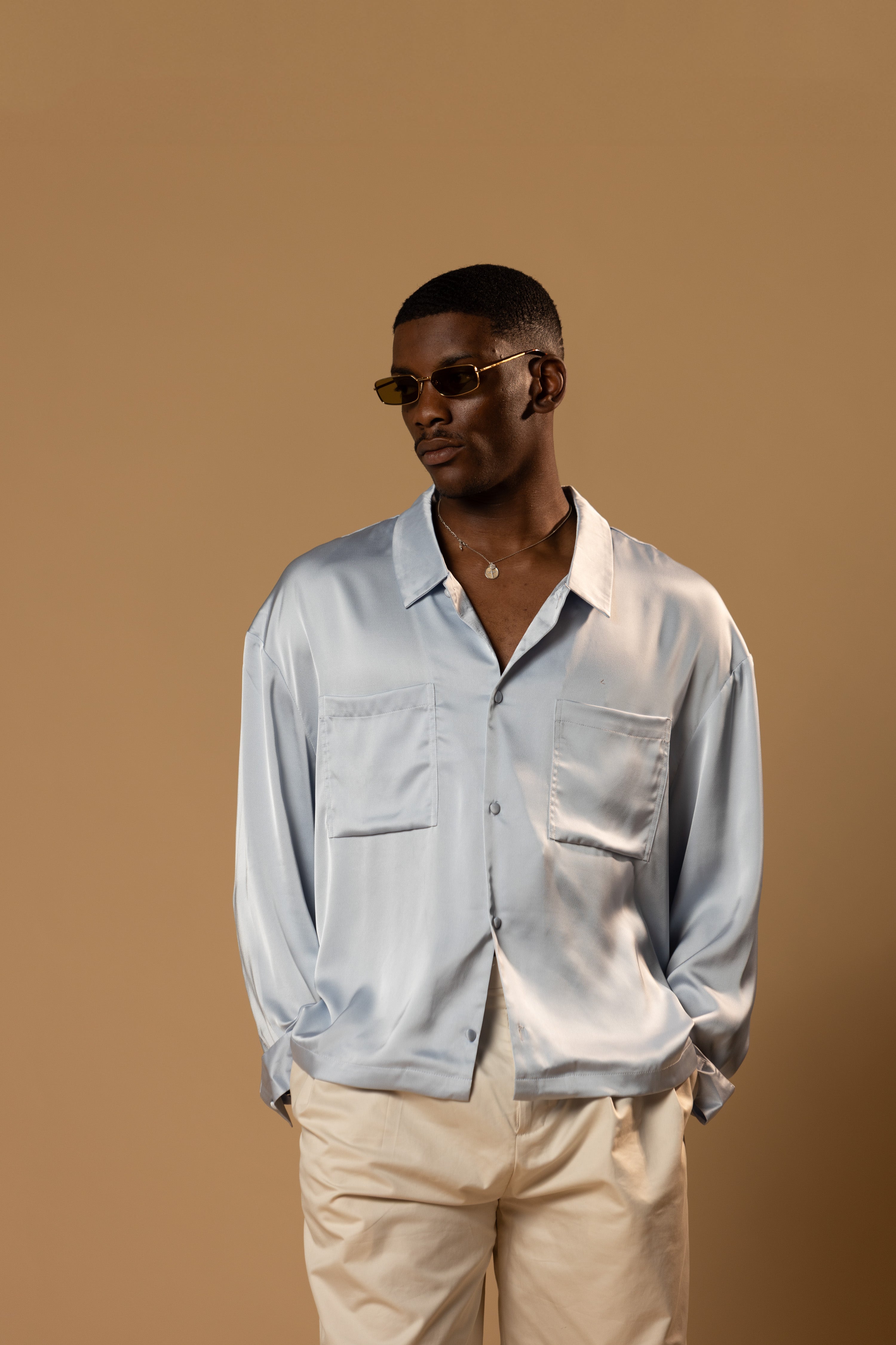 Sink Troy Long Sleeve Satin Shirt in Baby Blue