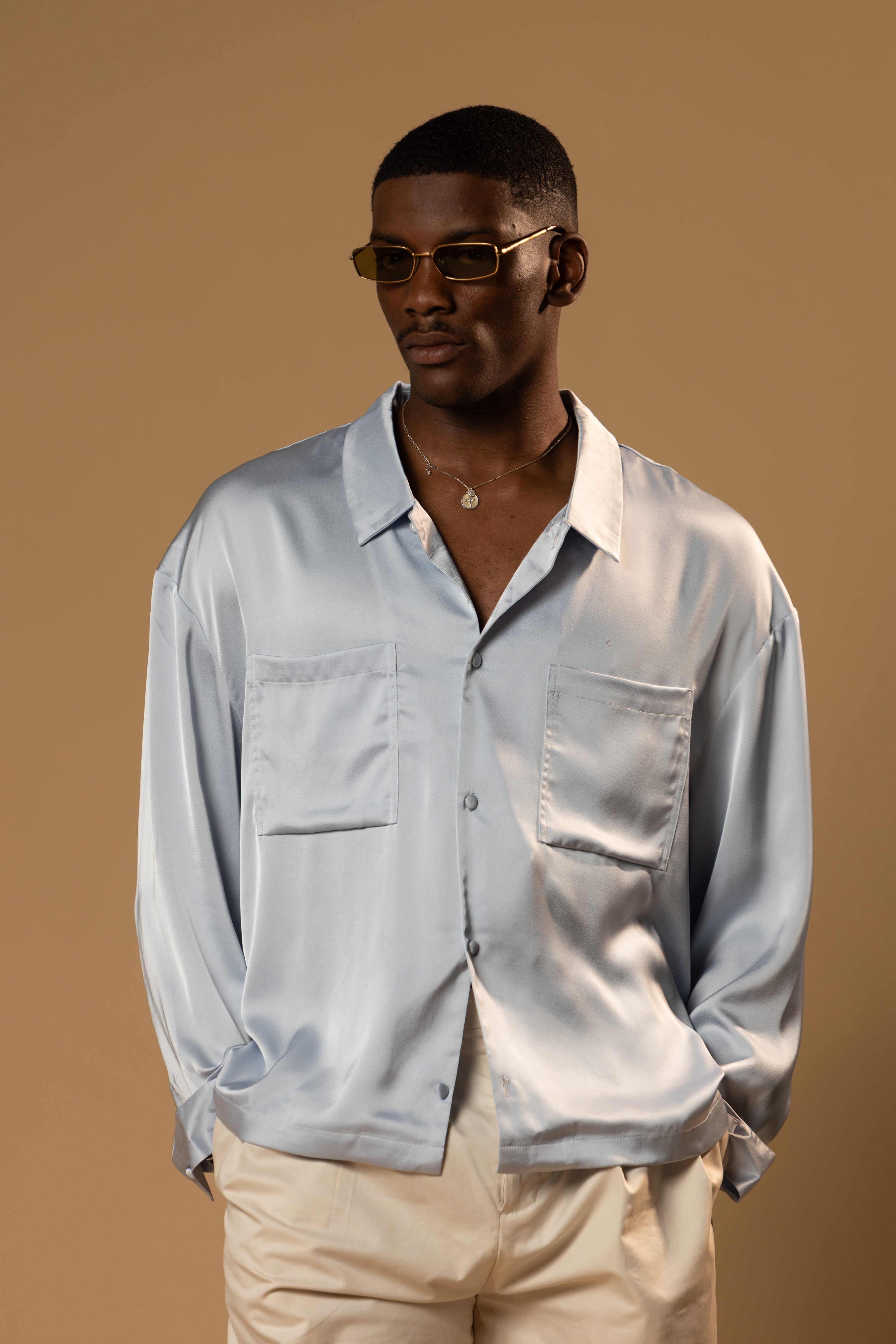 Sink Troy Long Sleeve Satin Shirt in Baby Blue