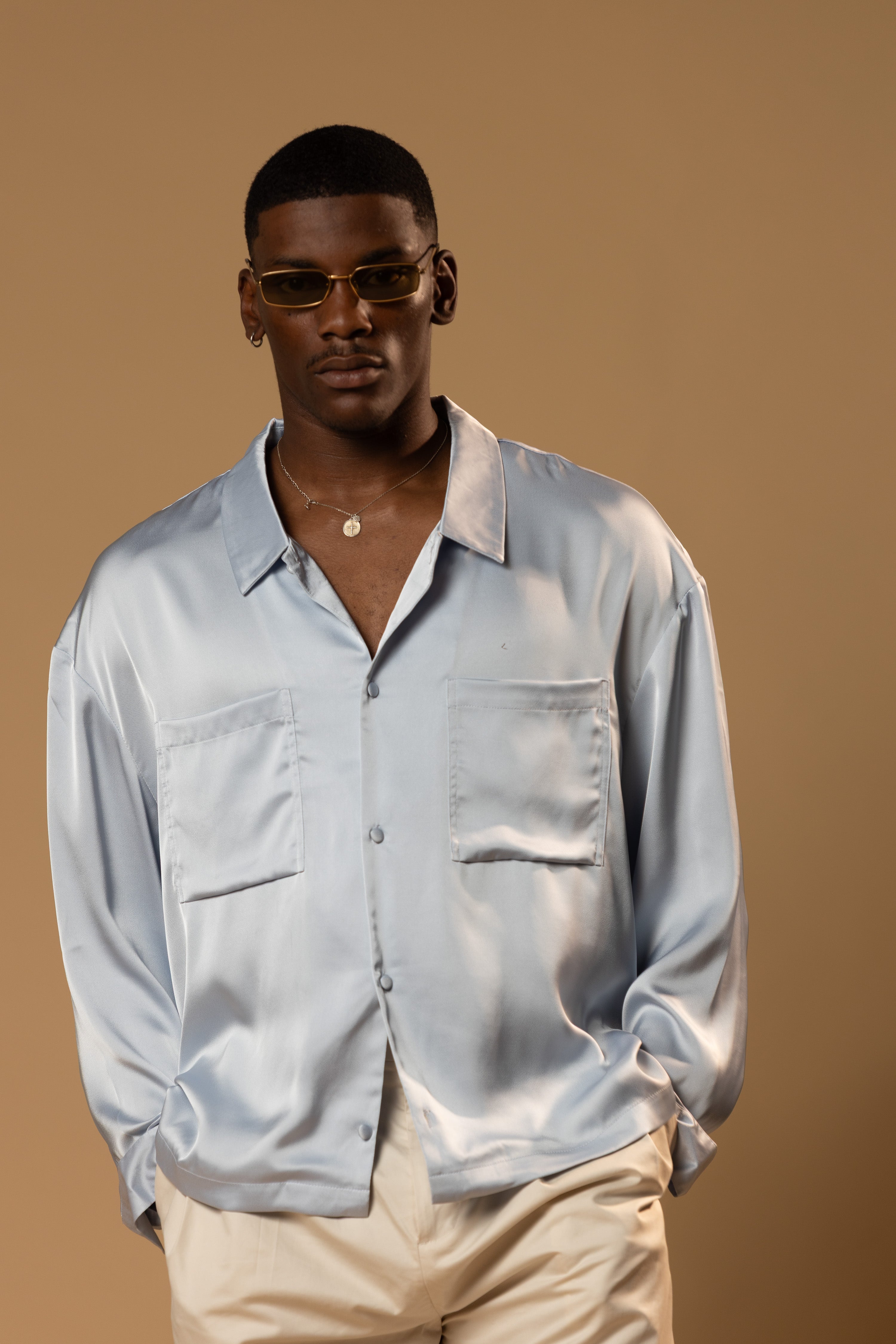 Sink Troy Long Sleeve Satin Shirt in Baby Blue