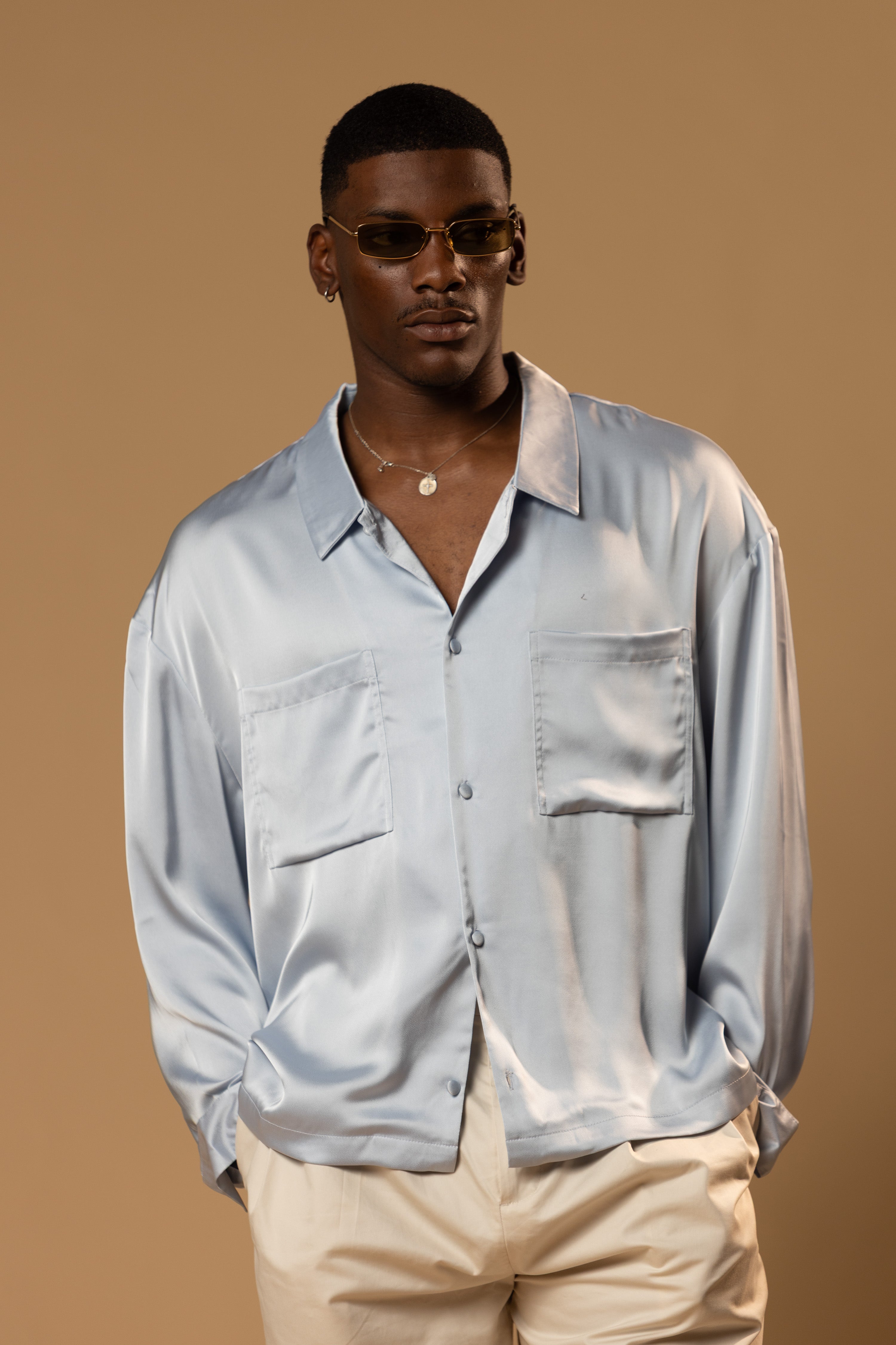 Sink Troy Long Sleeve Satin Shirt in Baby Blue