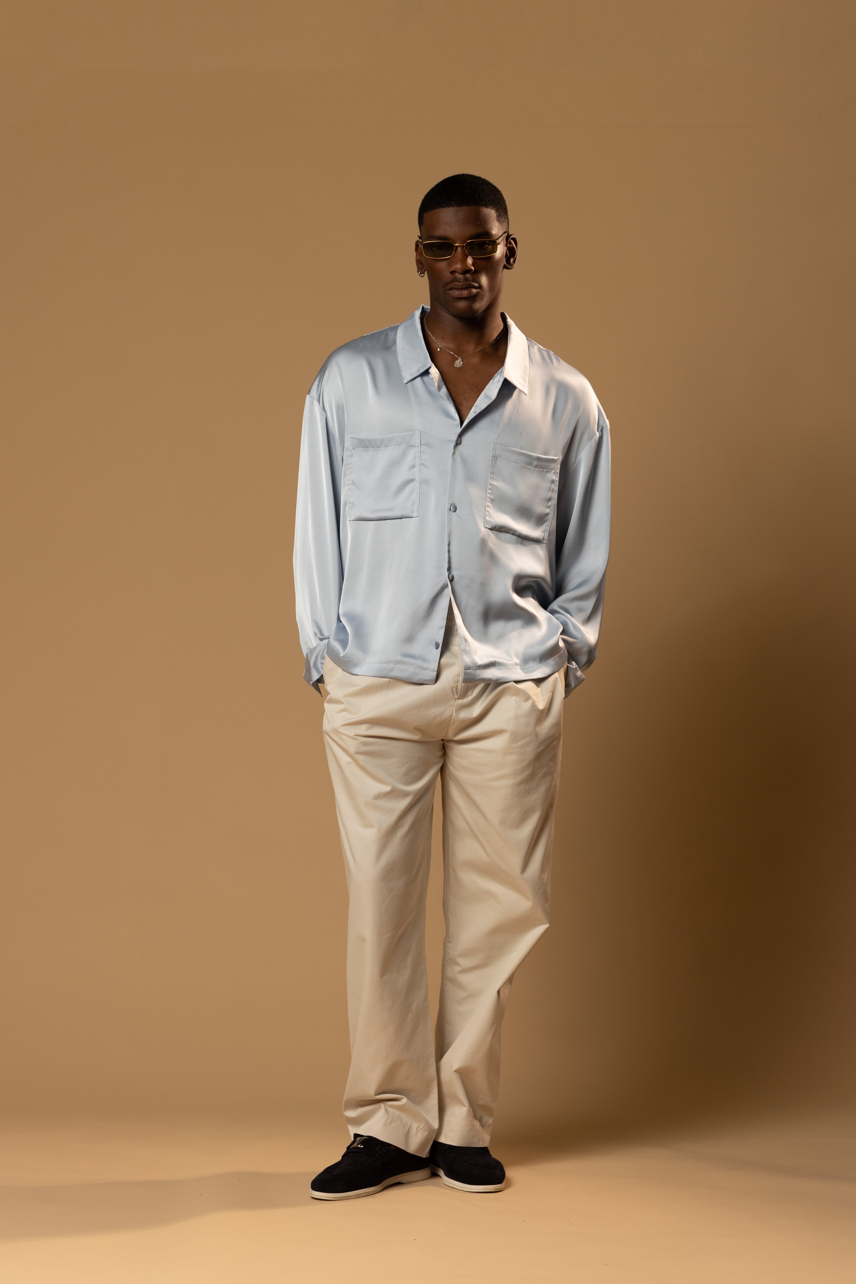 Sink Troy Long Sleeve Satin Shirt in Baby Blue