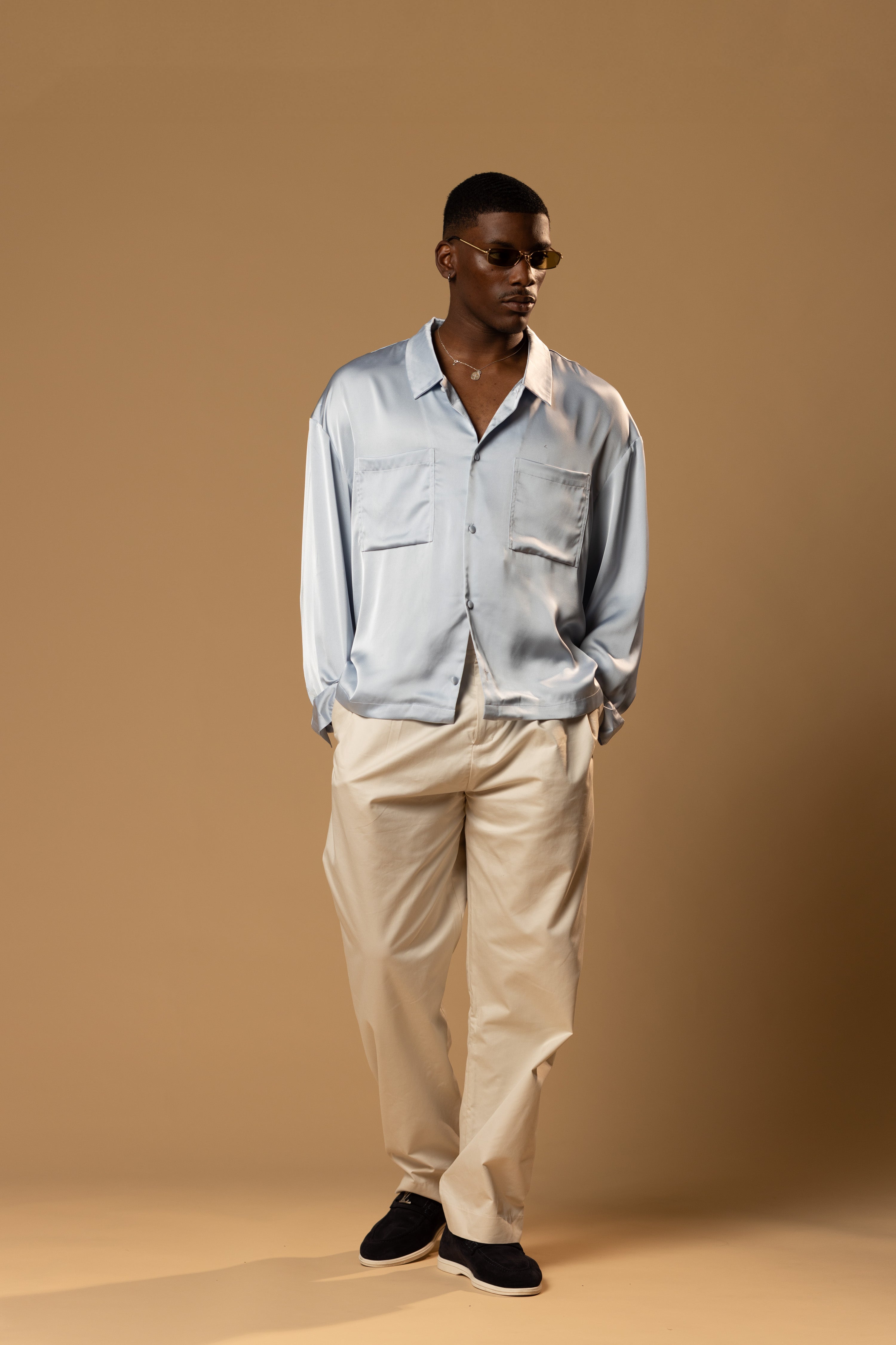 Sink Troy Long Sleeve Satin Shirt in Baby Blue