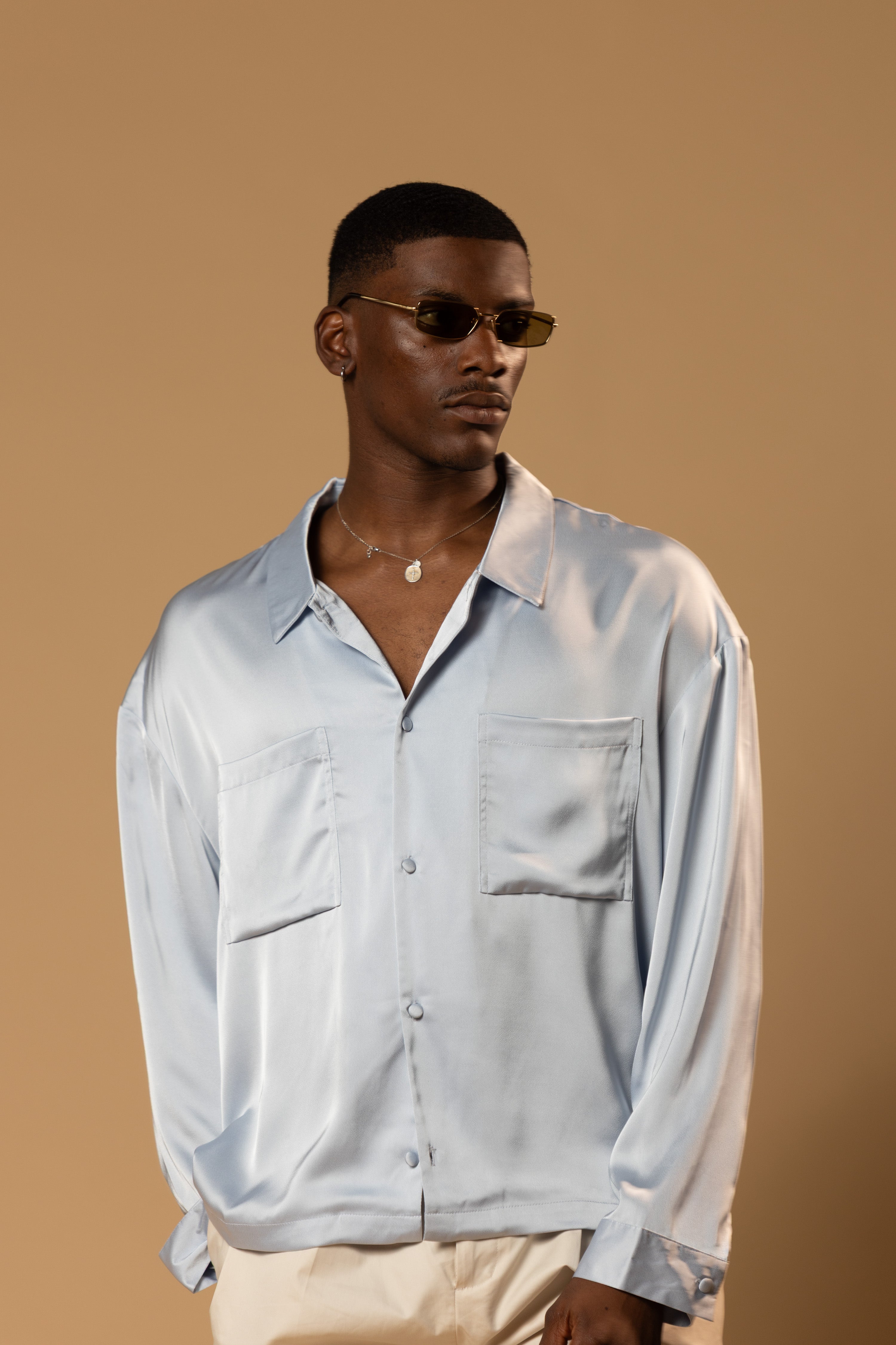 Sink Troy Long Sleeve Satin Shirt in Baby Blue