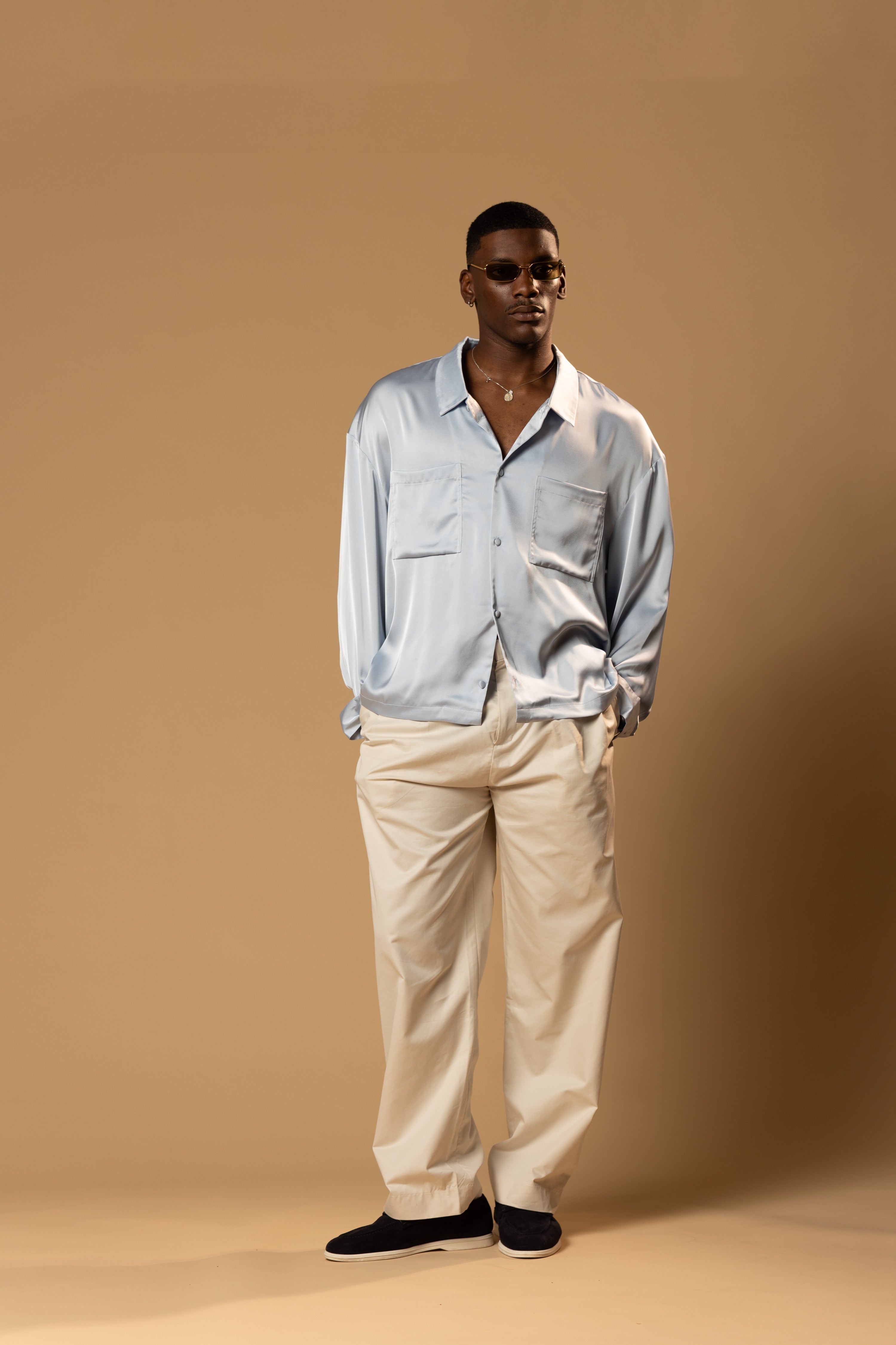 Sink Troy Long Sleeve Satin Shirt in Baby Blue