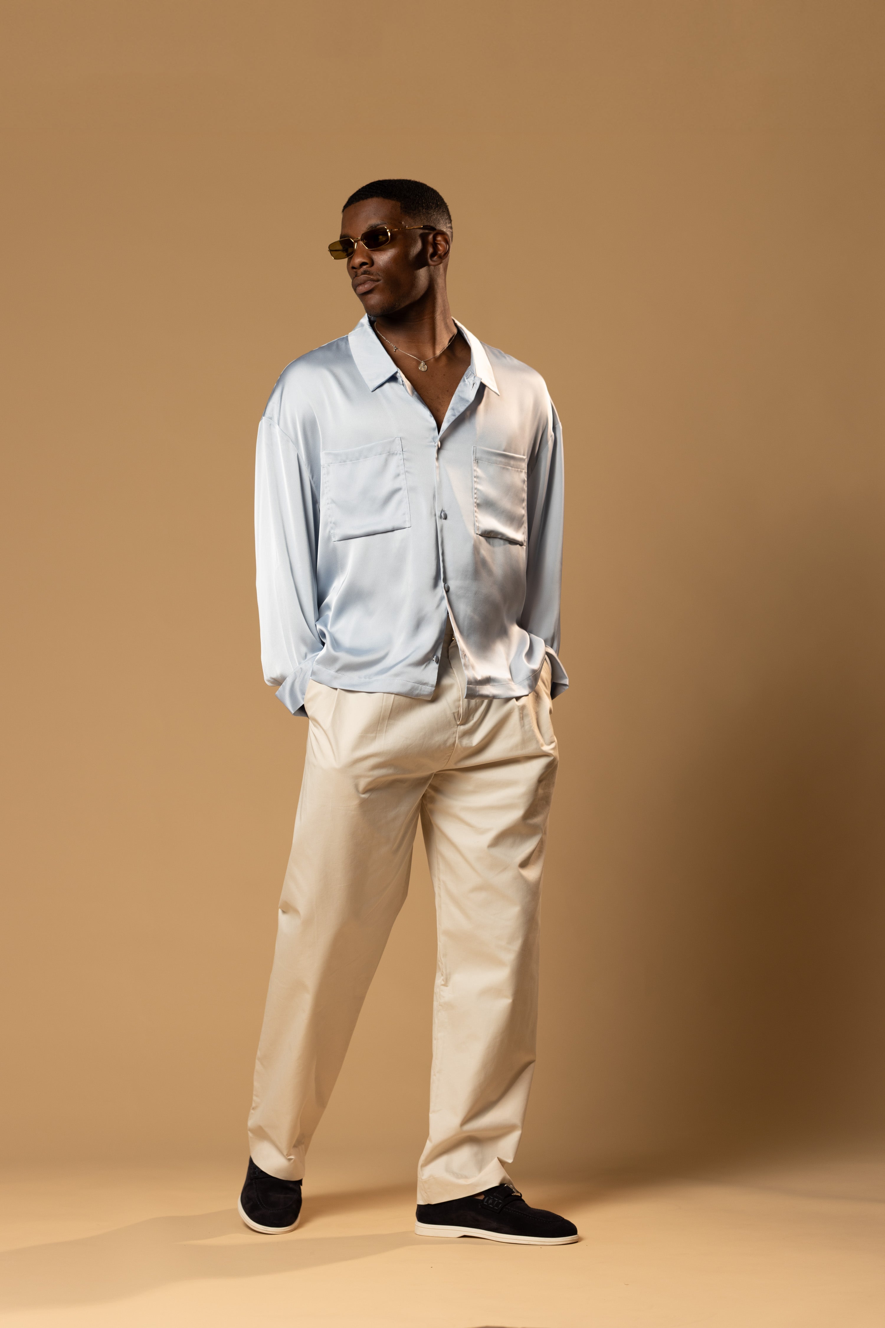 Sink Troy Long Sleeve Satin Shirt in Baby Blue