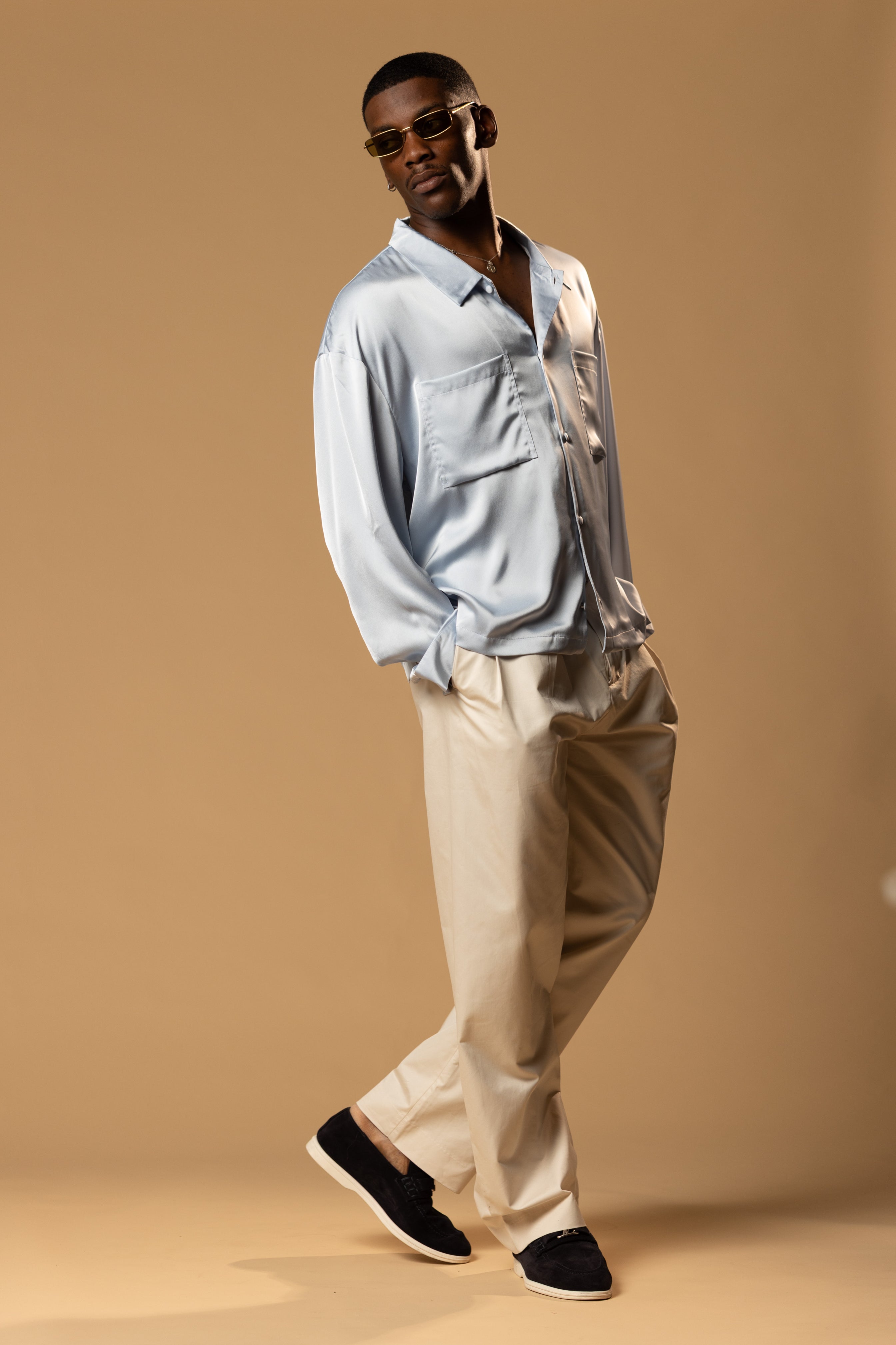 Sink Troy Long Sleeve Satin Shirt in Baby Blue