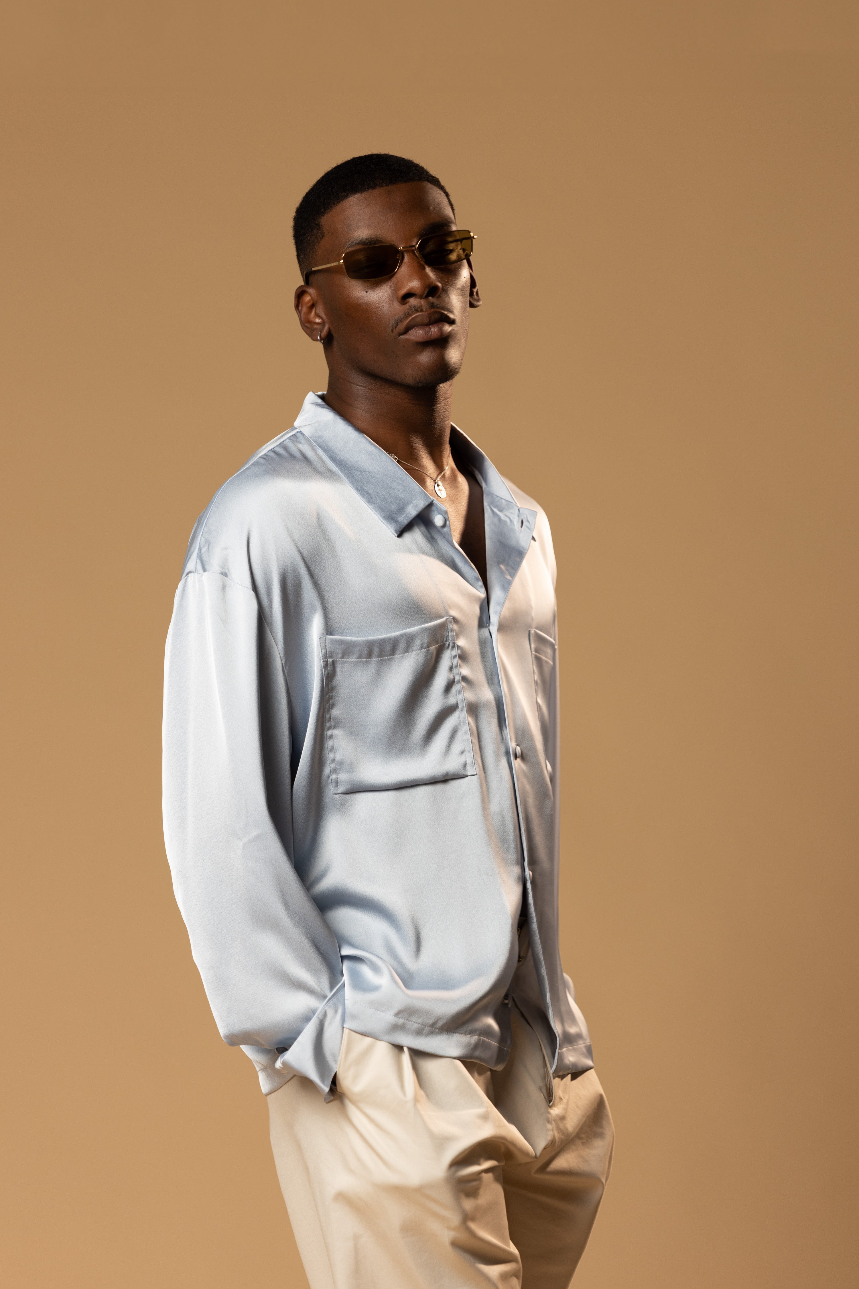 Sink Troy Long Sleeve Satin Shirt in Baby Blue