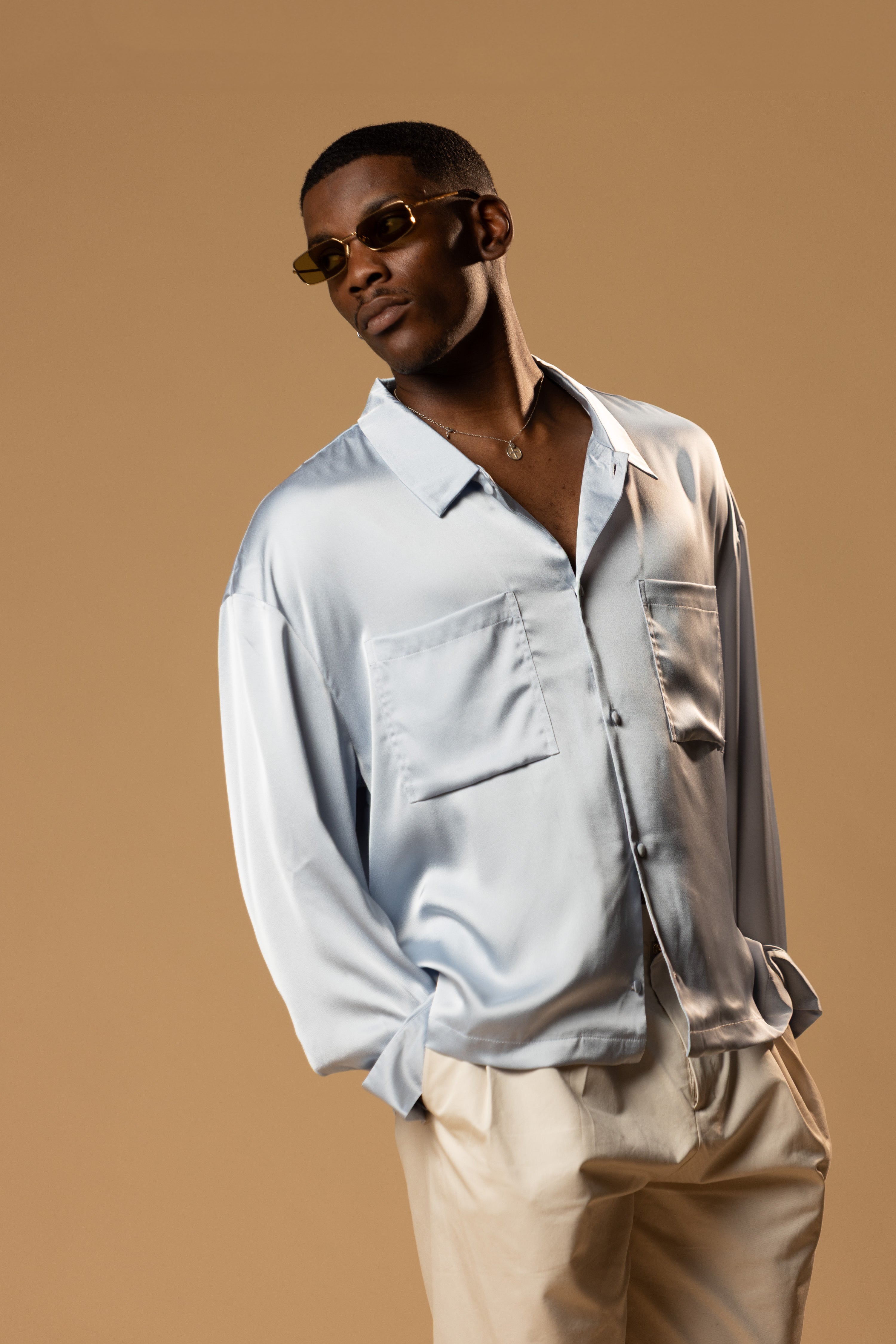 Sink Troy Long Sleeve Satin Shirt in Baby Blue