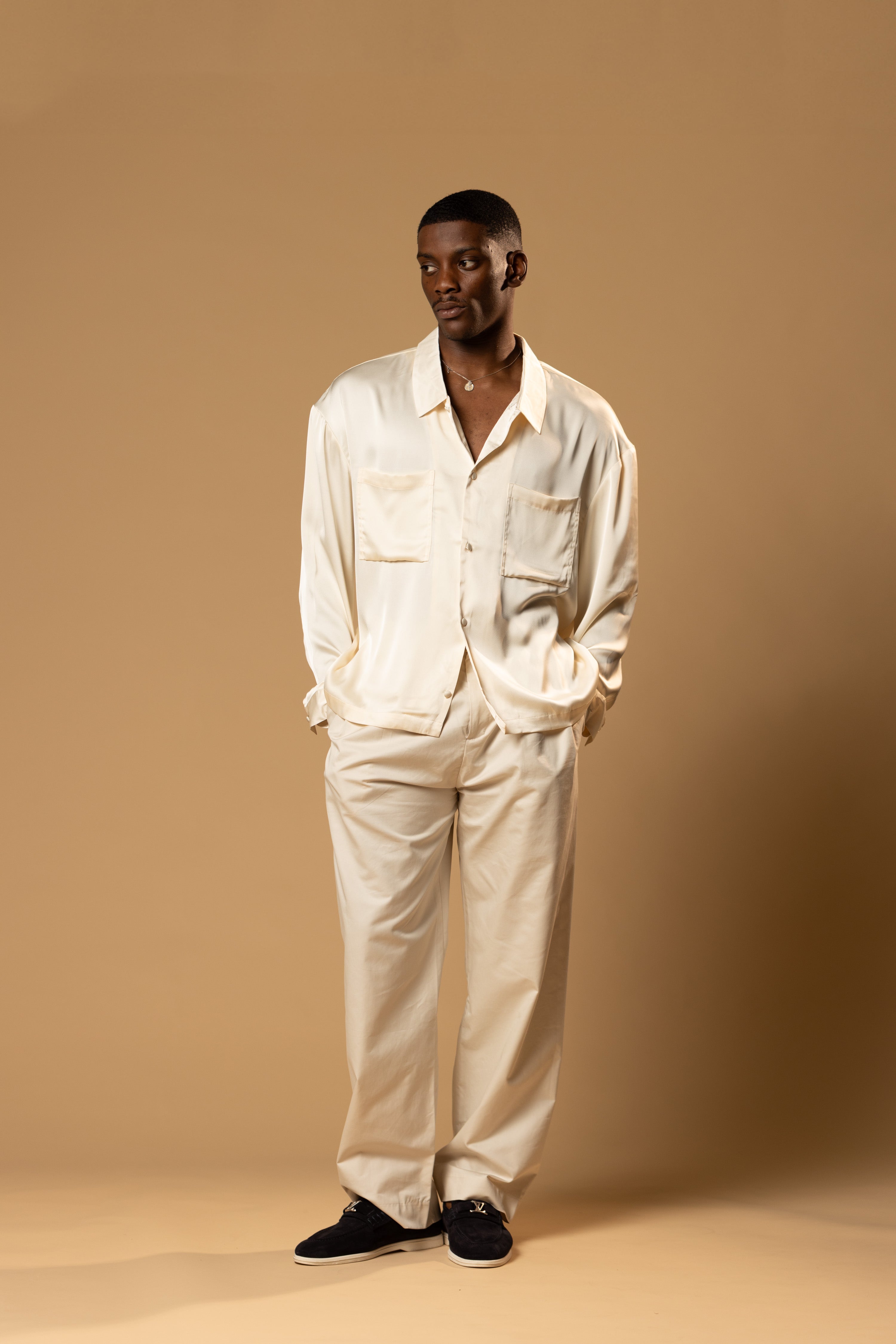 Sink Troy Long Sleeve Satin Shirt in Cream