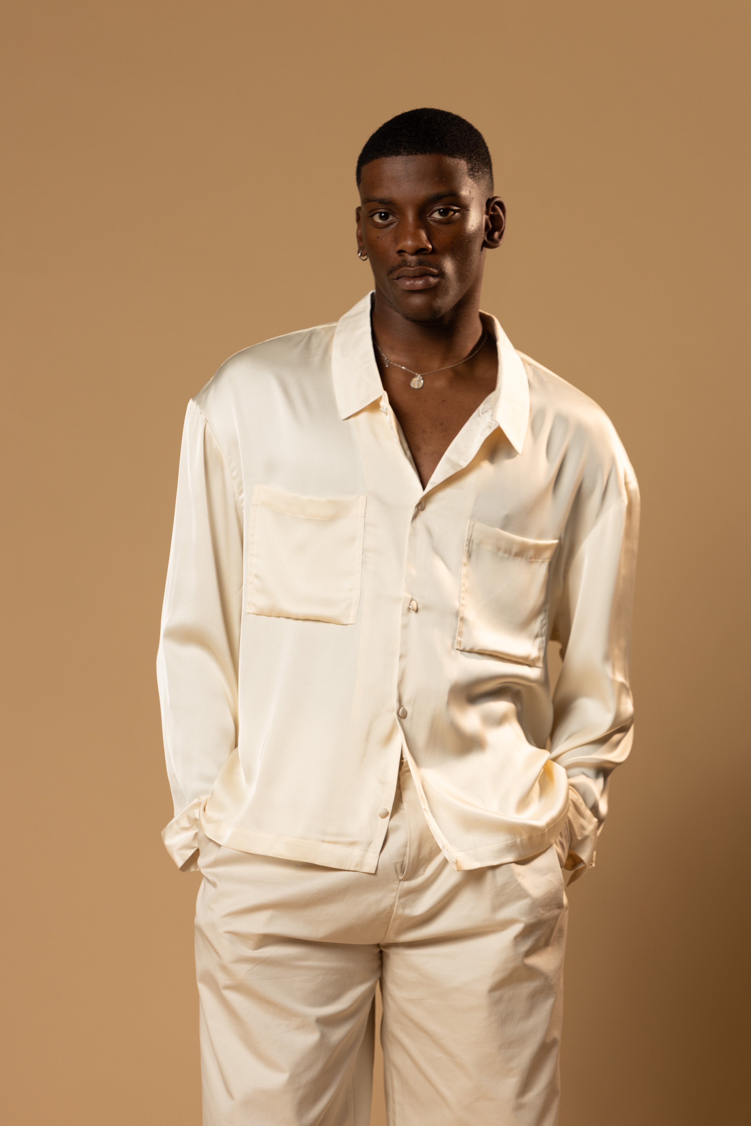 Sink Troy Long Sleeve Satin Shirt in Cream