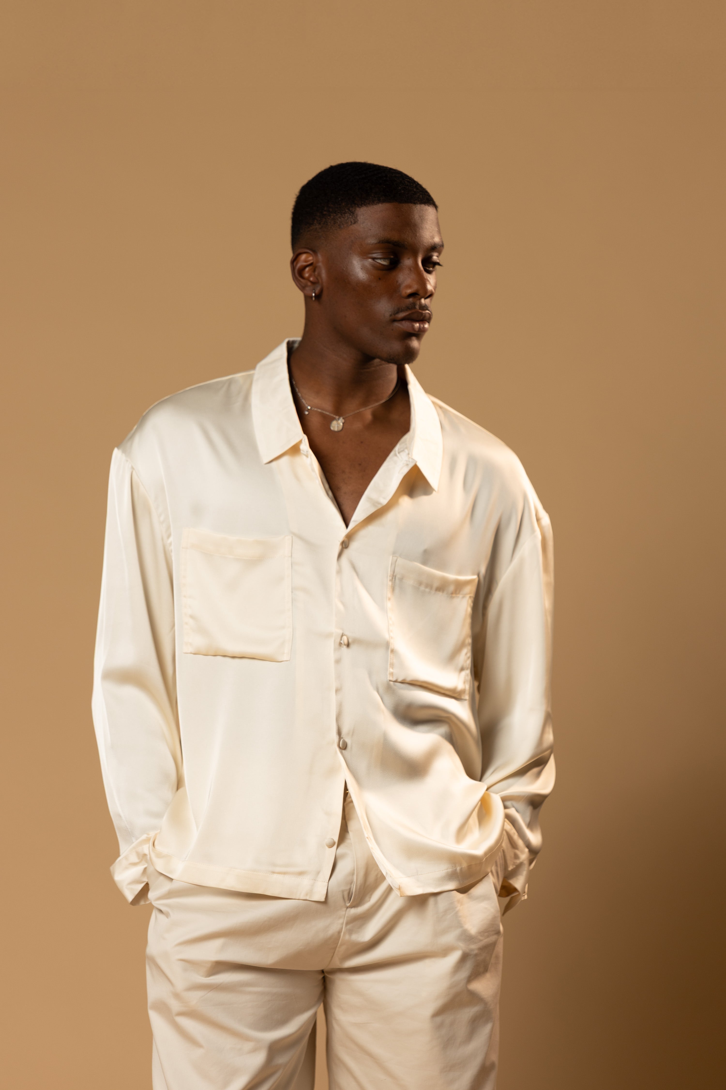 Sink Troy Long Sleeve Satin Shirt in Cream