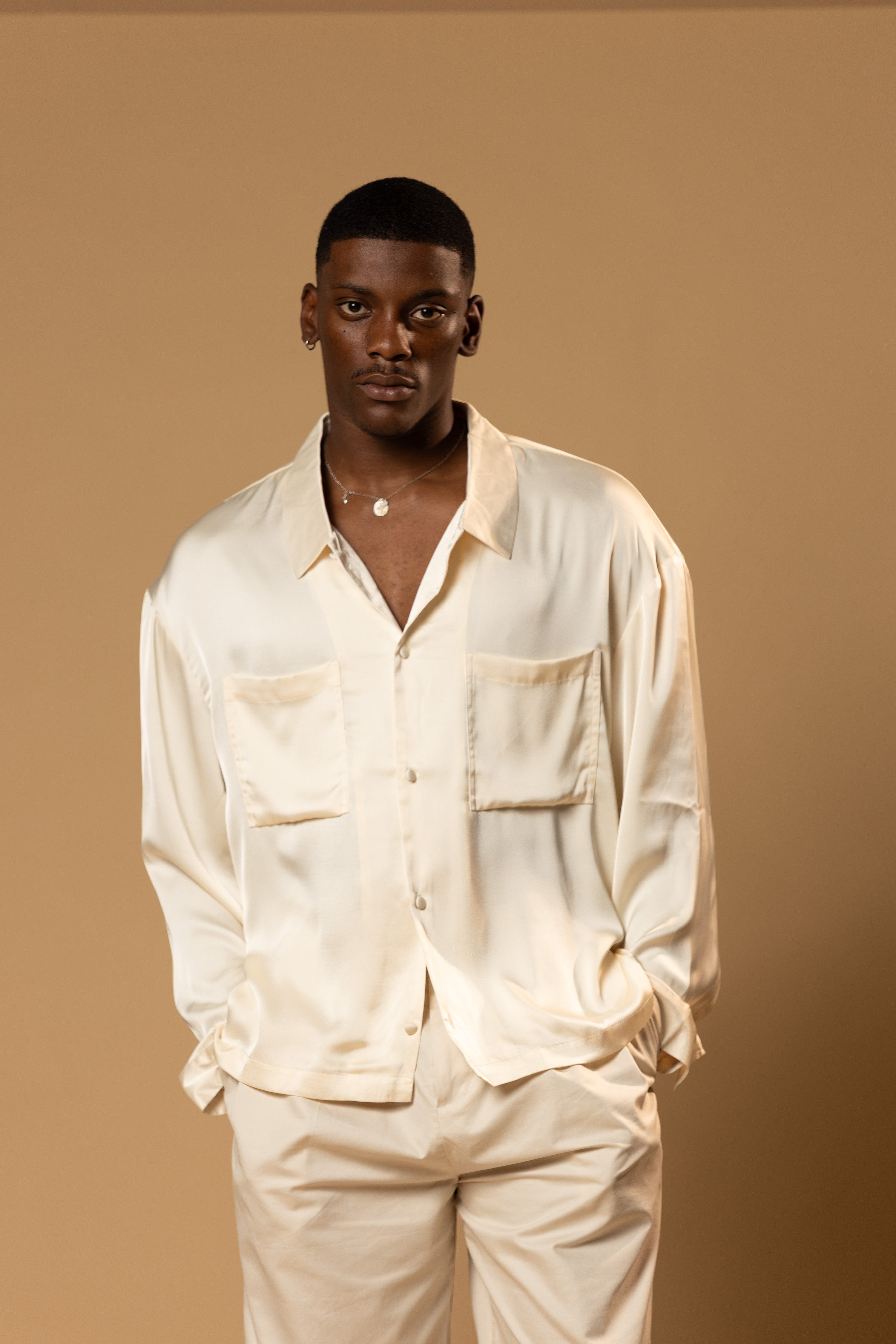 Sink Troy Long Sleeve Satin Shirt in Cream