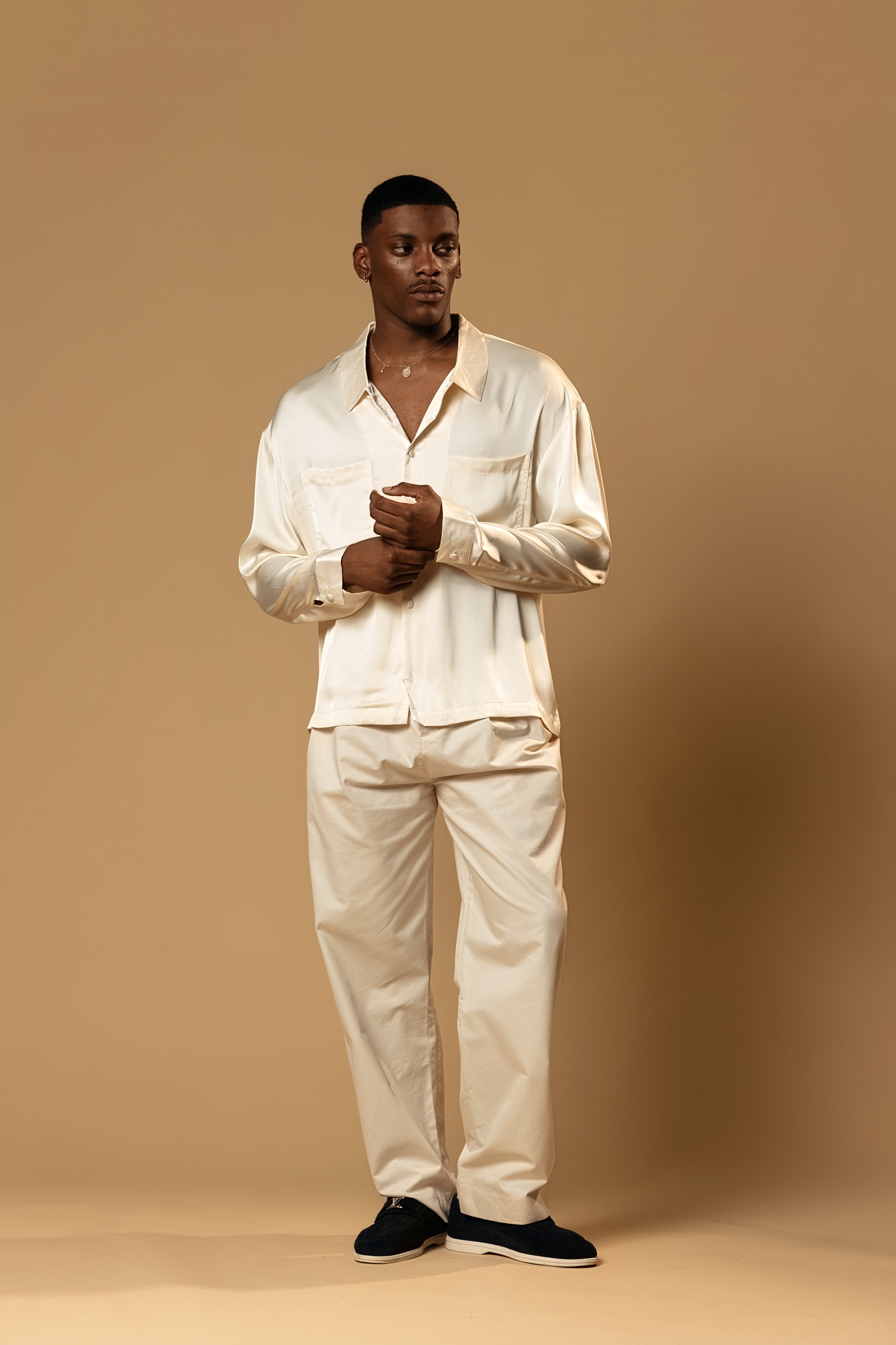 Sink Troy Long Sleeve Satin Shirt in Cream
