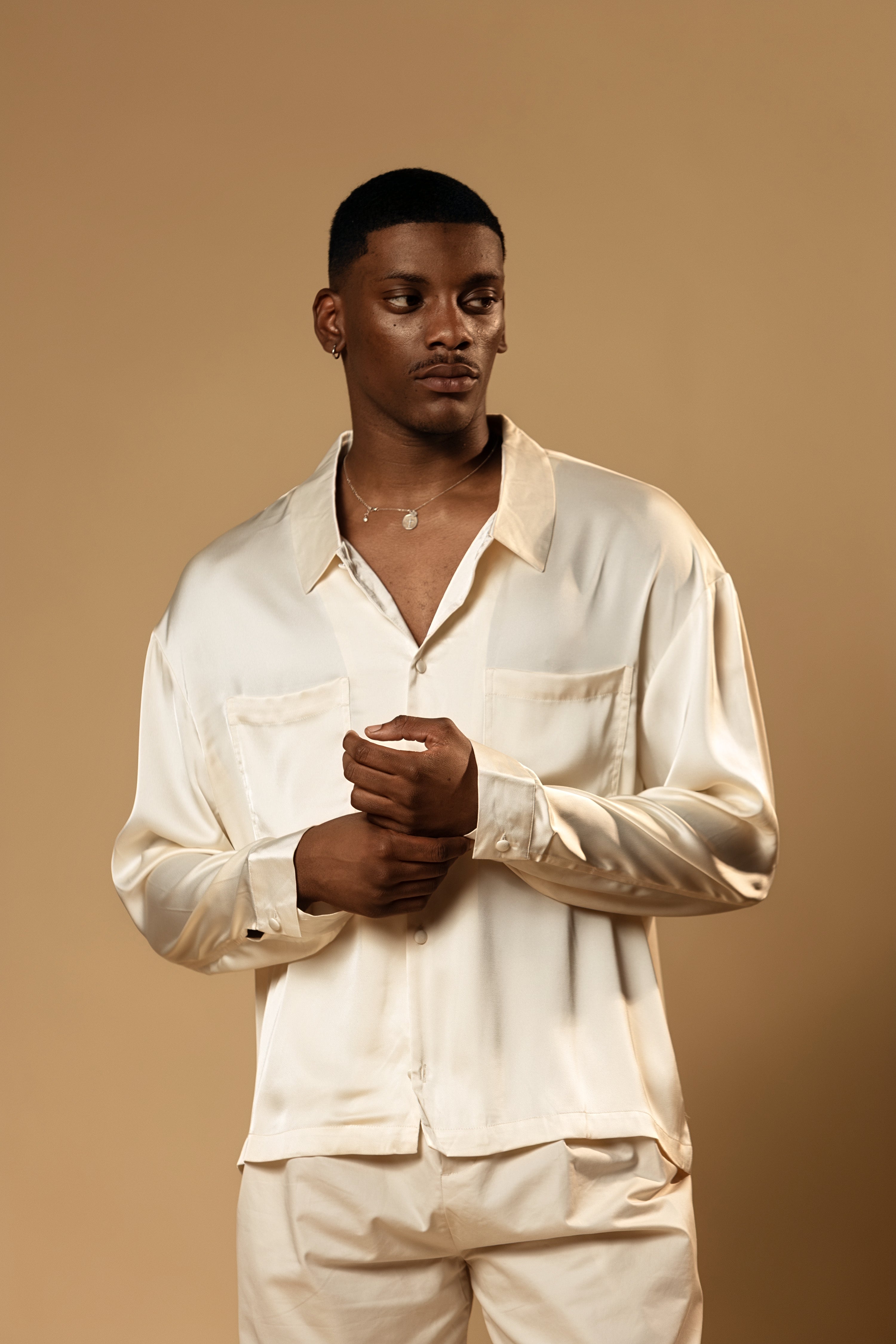 Sink Troy Long Sleeve Satin Shirt in Cream