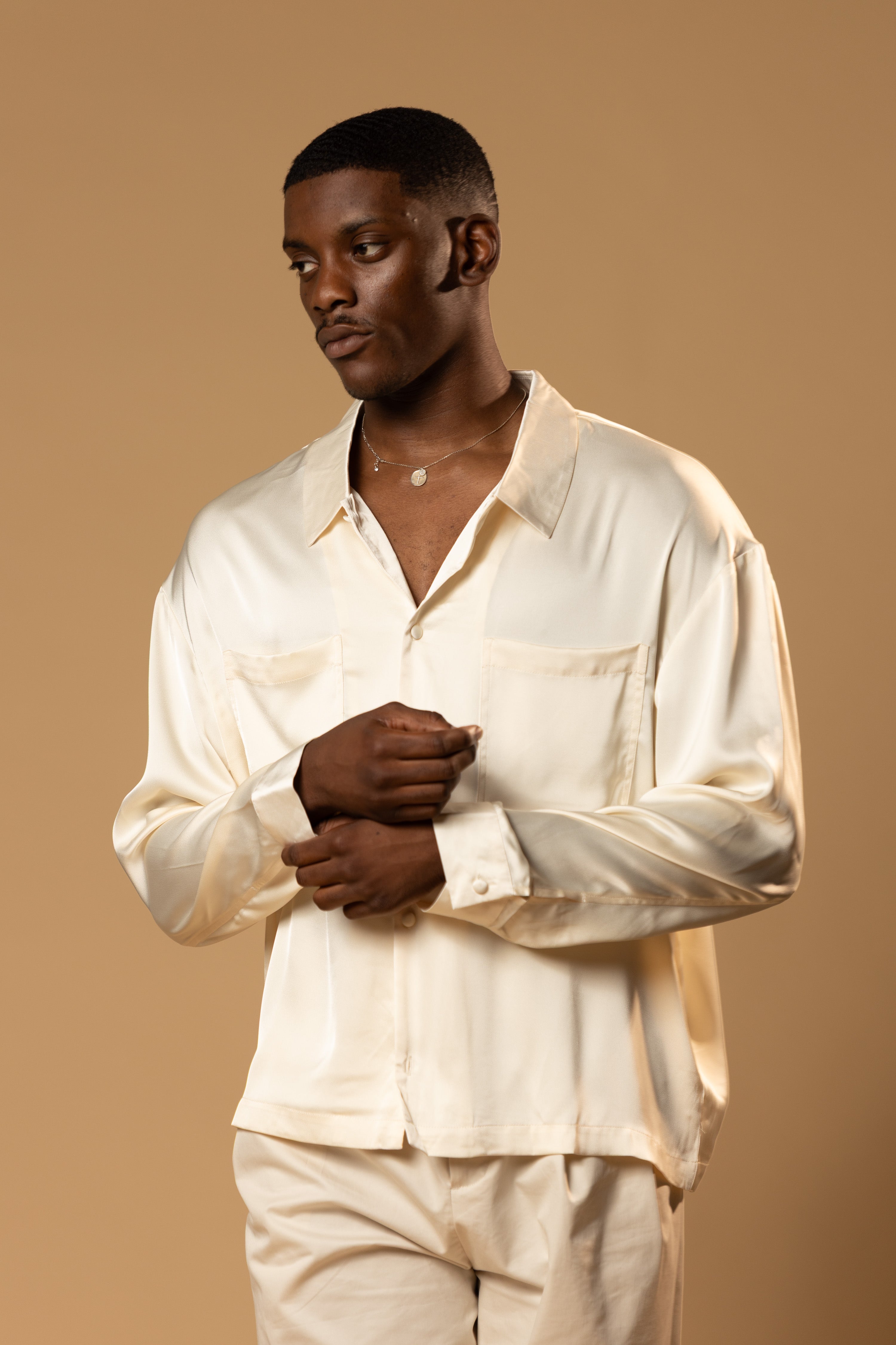 Sink Troy Long Sleeve Satin Shirt in Cream