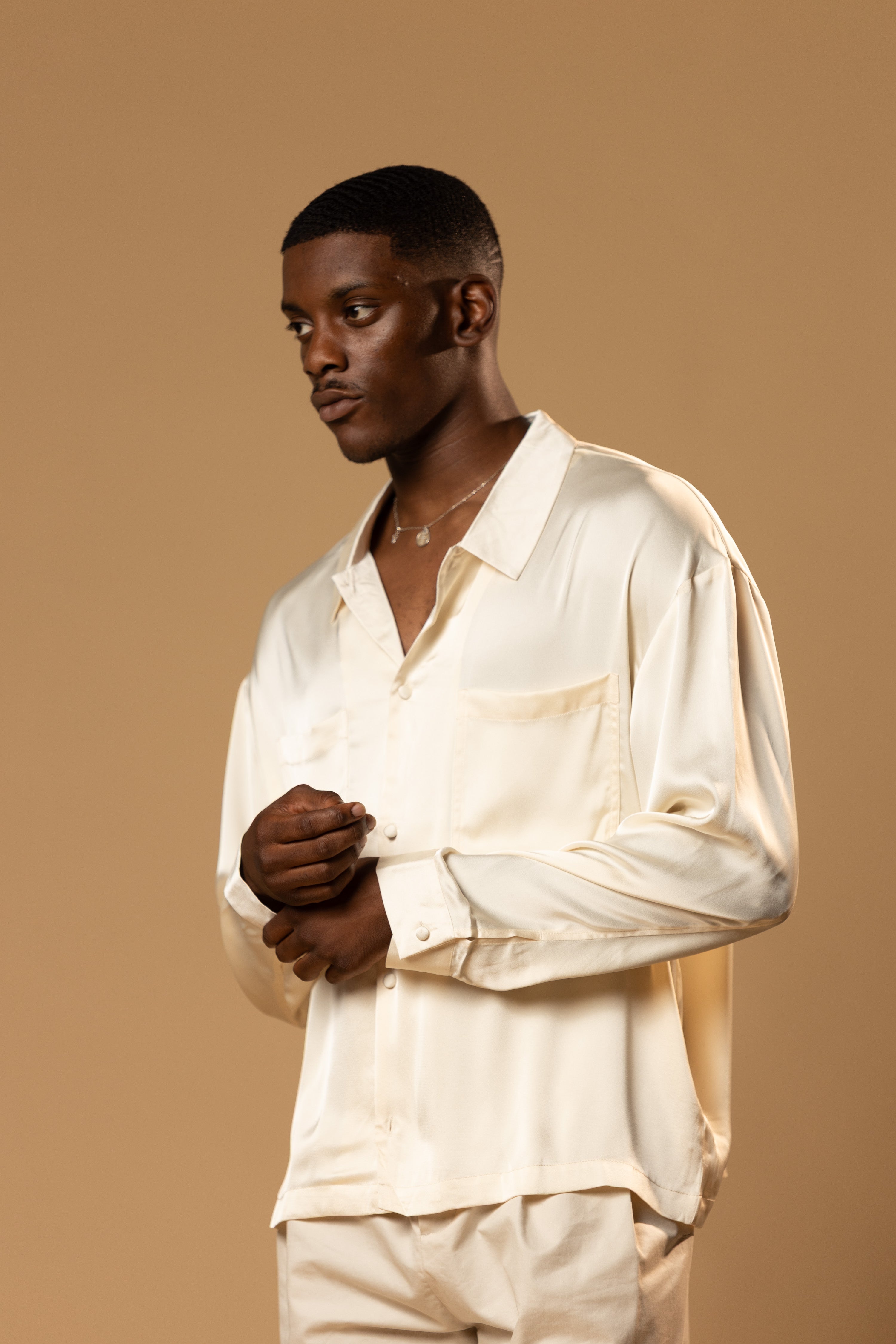 Sink Troy Long Sleeve Satin Shirt in Cream