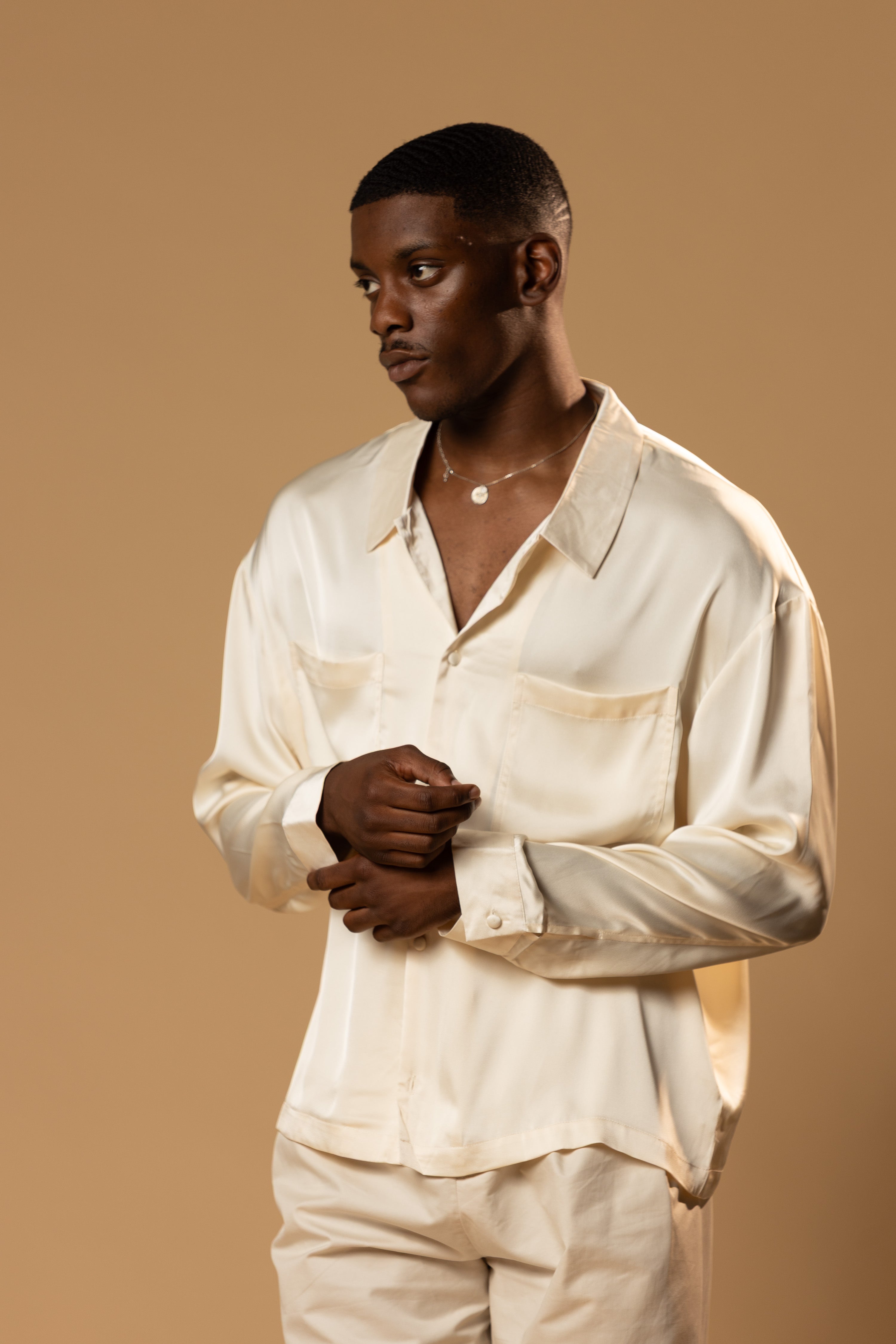 Sink Troy Long Sleeve Satin Shirt in Cream