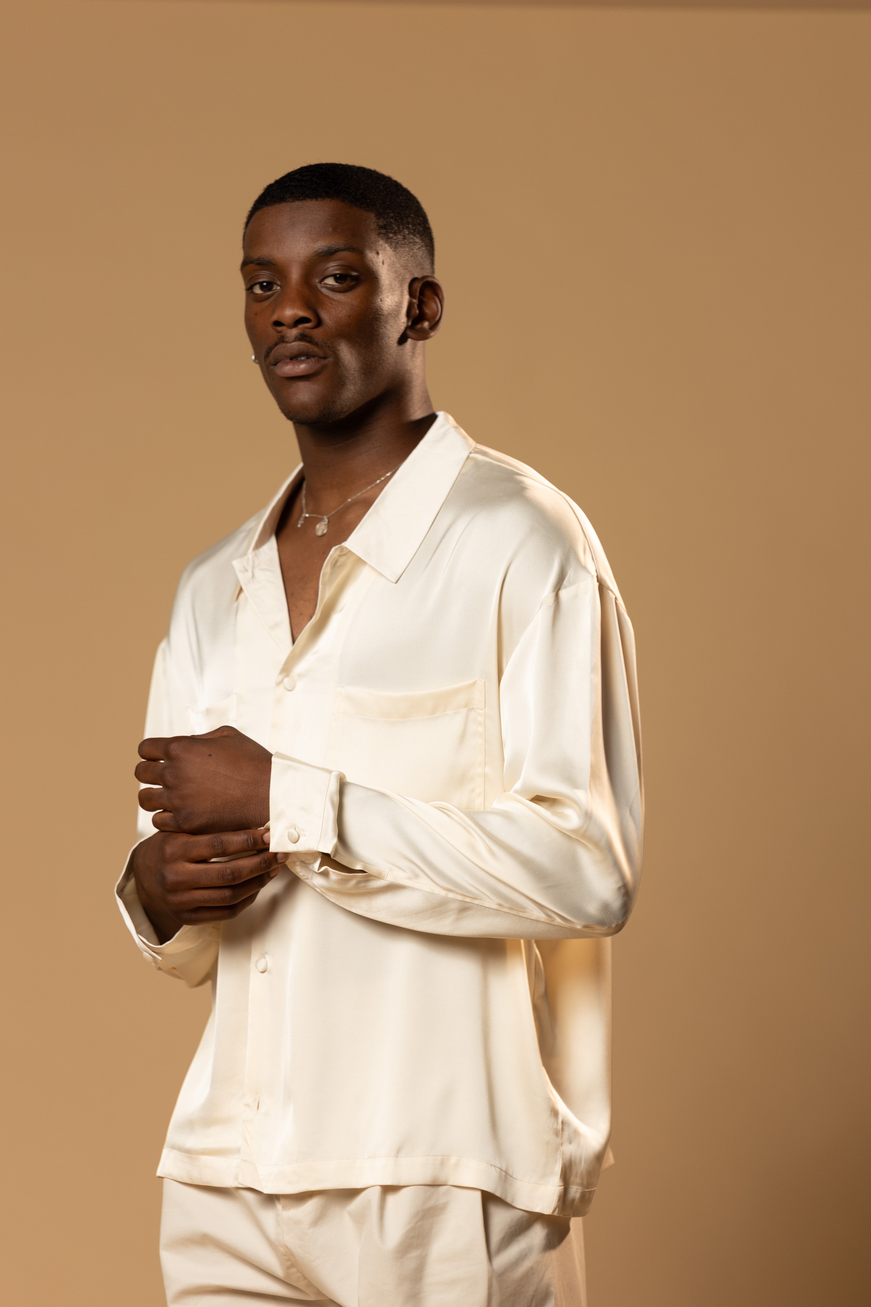 Sink Troy Long Sleeve Satin Shirt in Cream