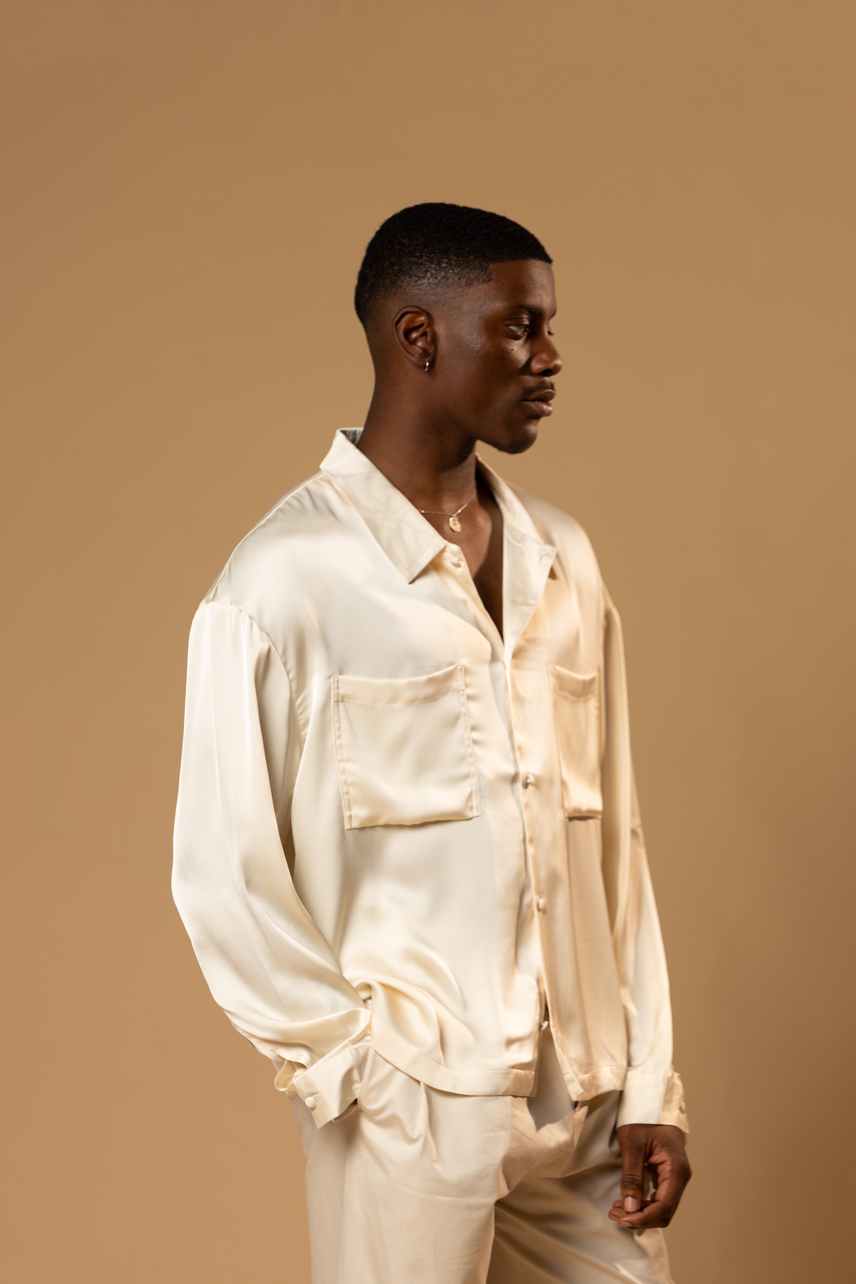 Sink Troy Long Sleeve Satin Shirt in Cream