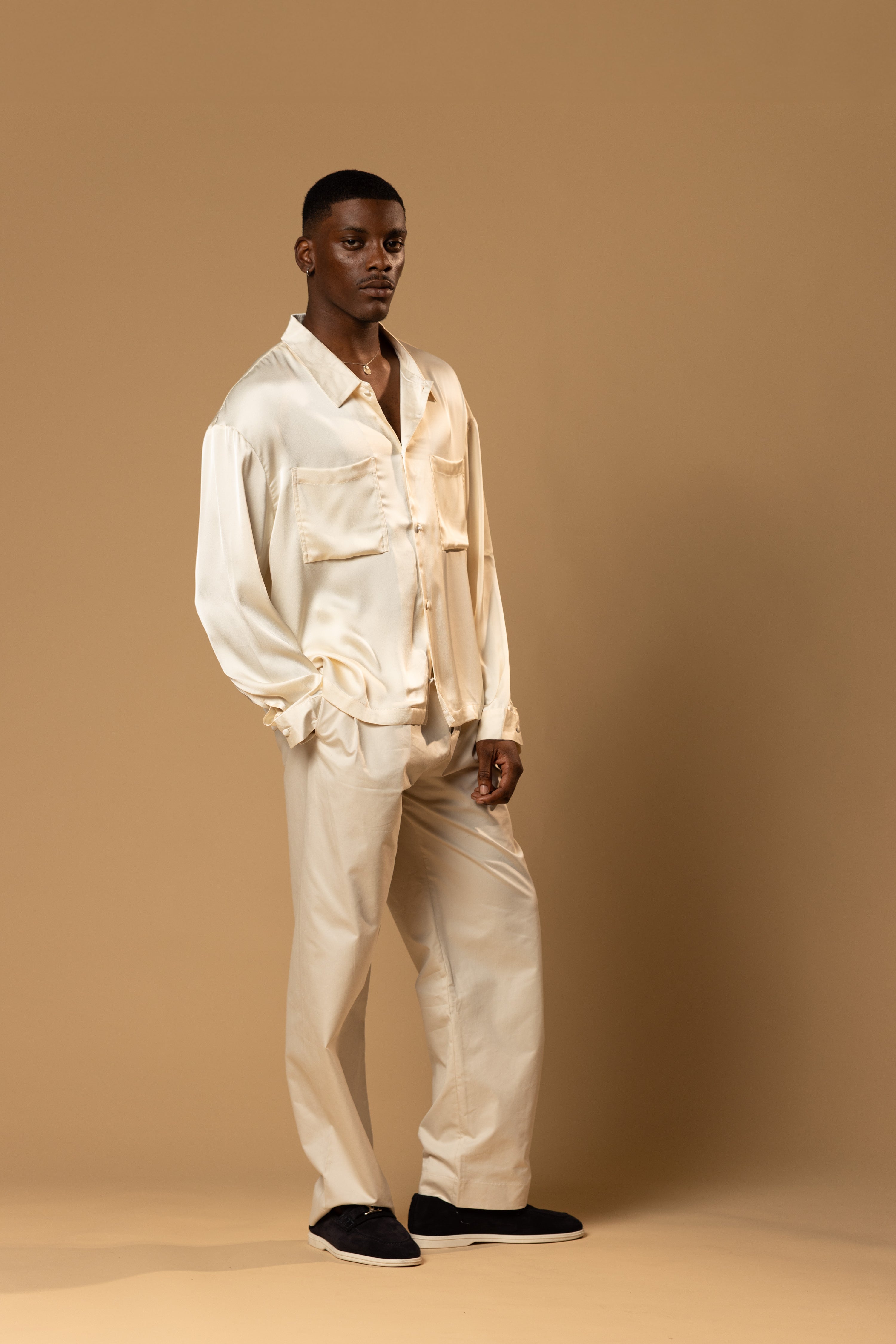 Sink Troy Long Sleeve Satin Shirt in Cream