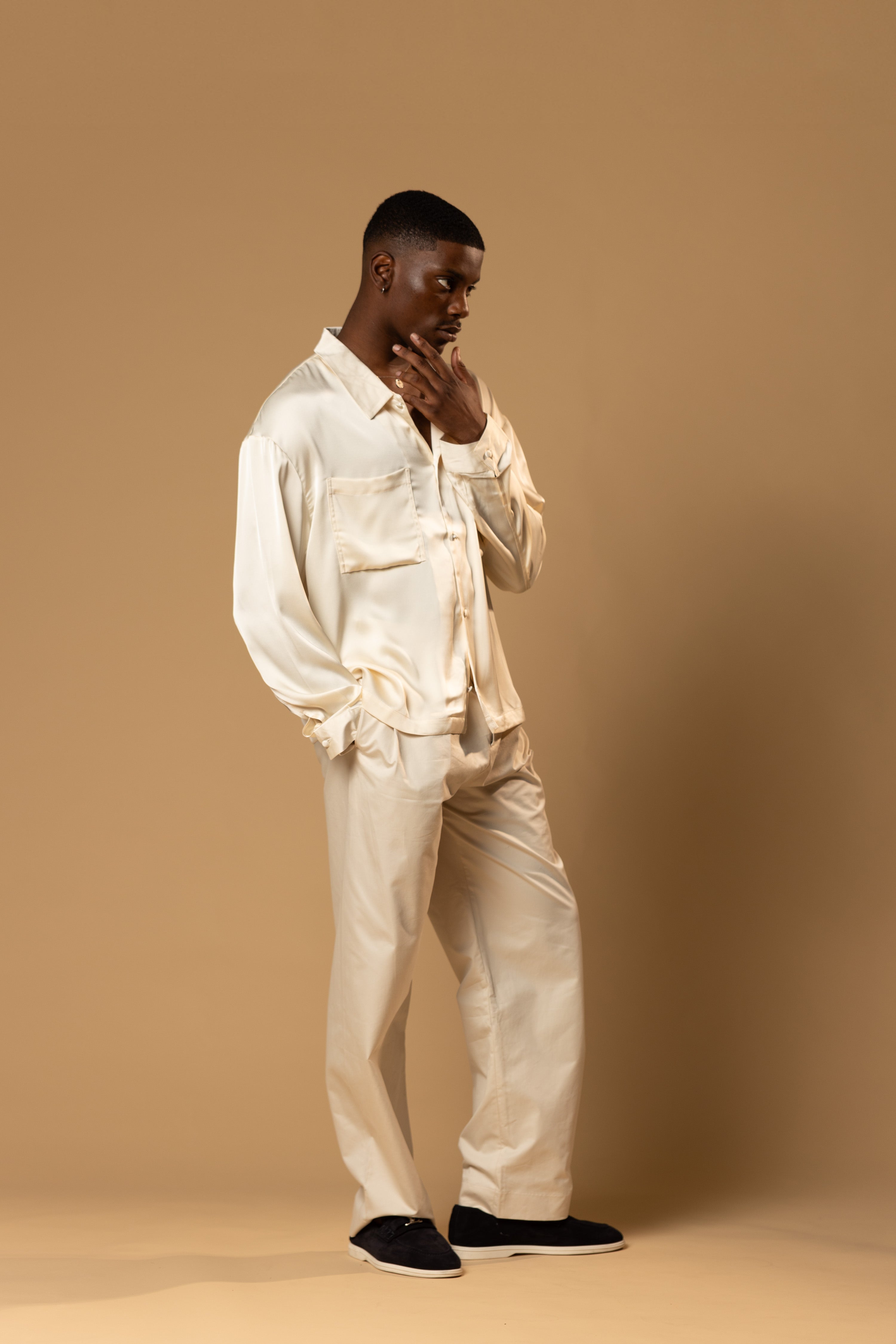 Sink Troy Long Sleeve Satin Shirt in Cream
