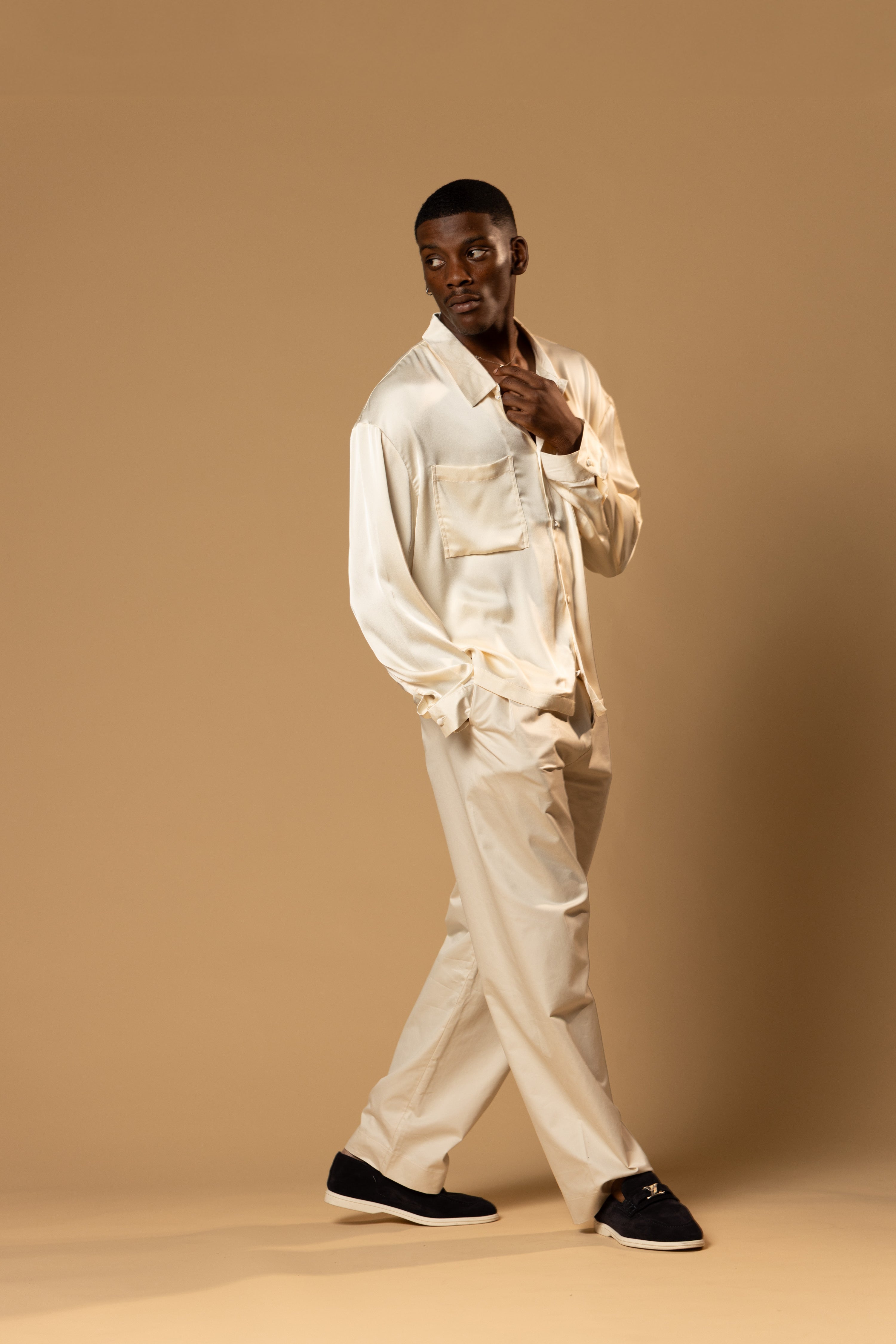 Sink Troy Long Sleeve Satin Shirt in Cream