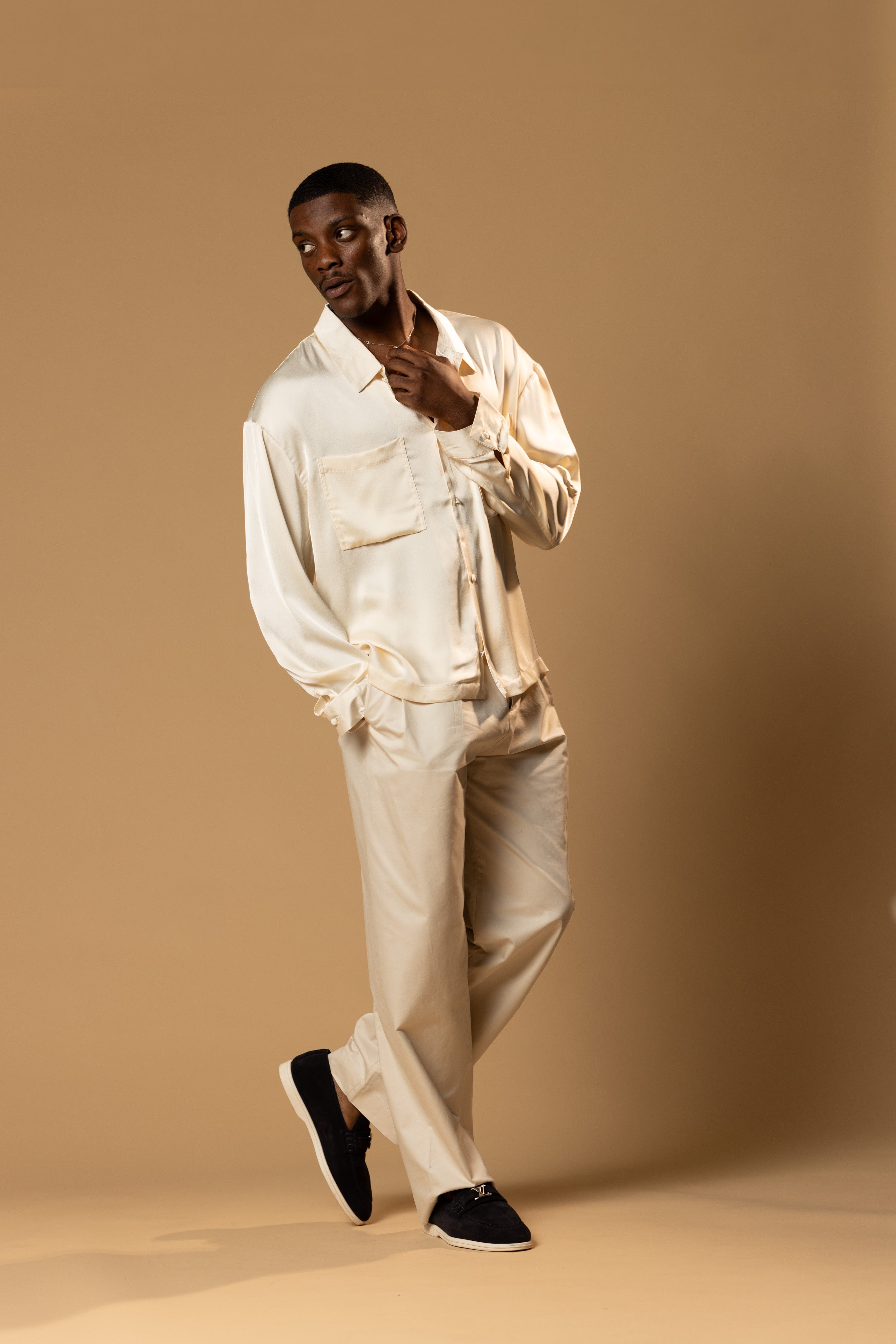Sink Troy Long Sleeve Satin Shirt in Cream