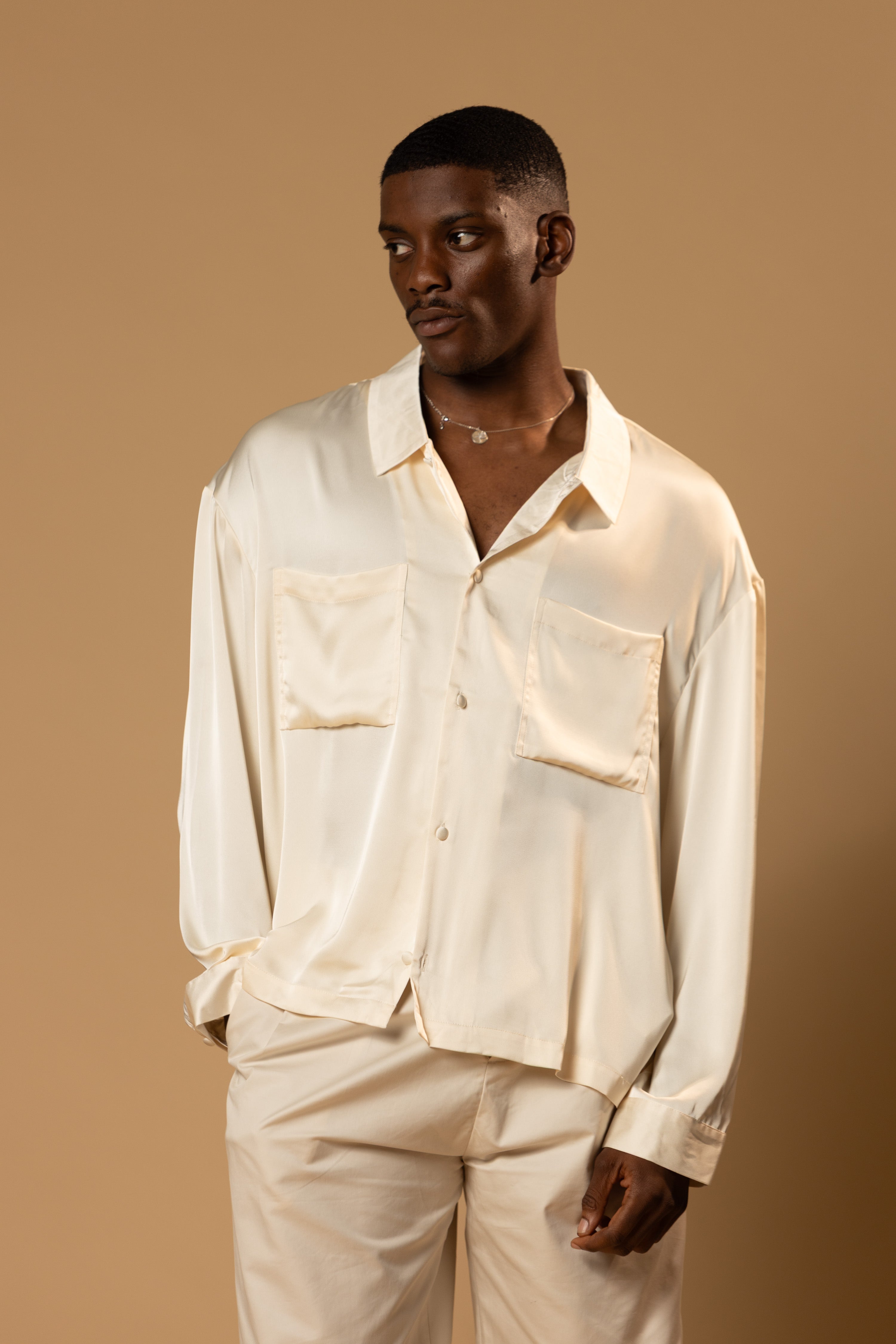 Sink Troy Long Sleeve Satin Shirt in Cream