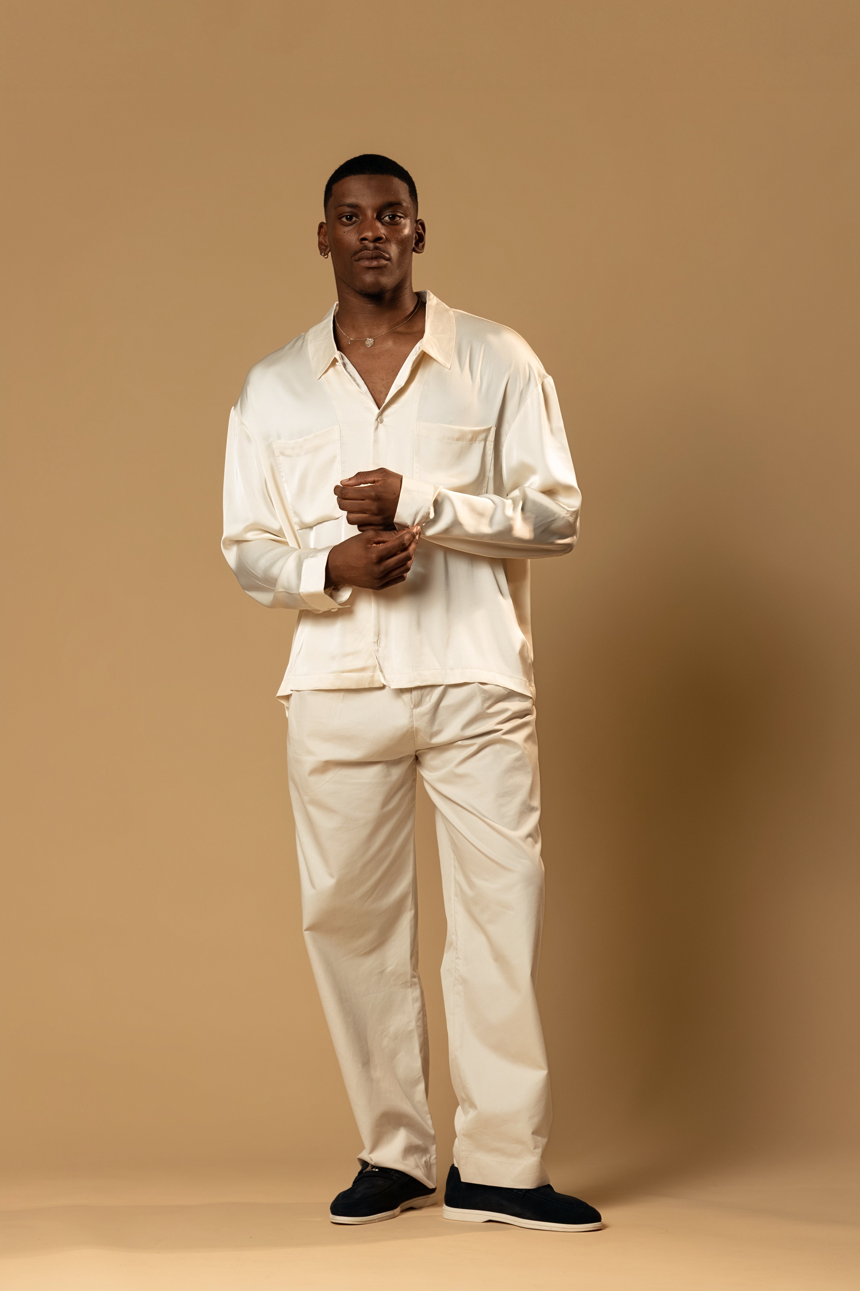 Sink Troy Long Sleeve Satin Shirt in Cream