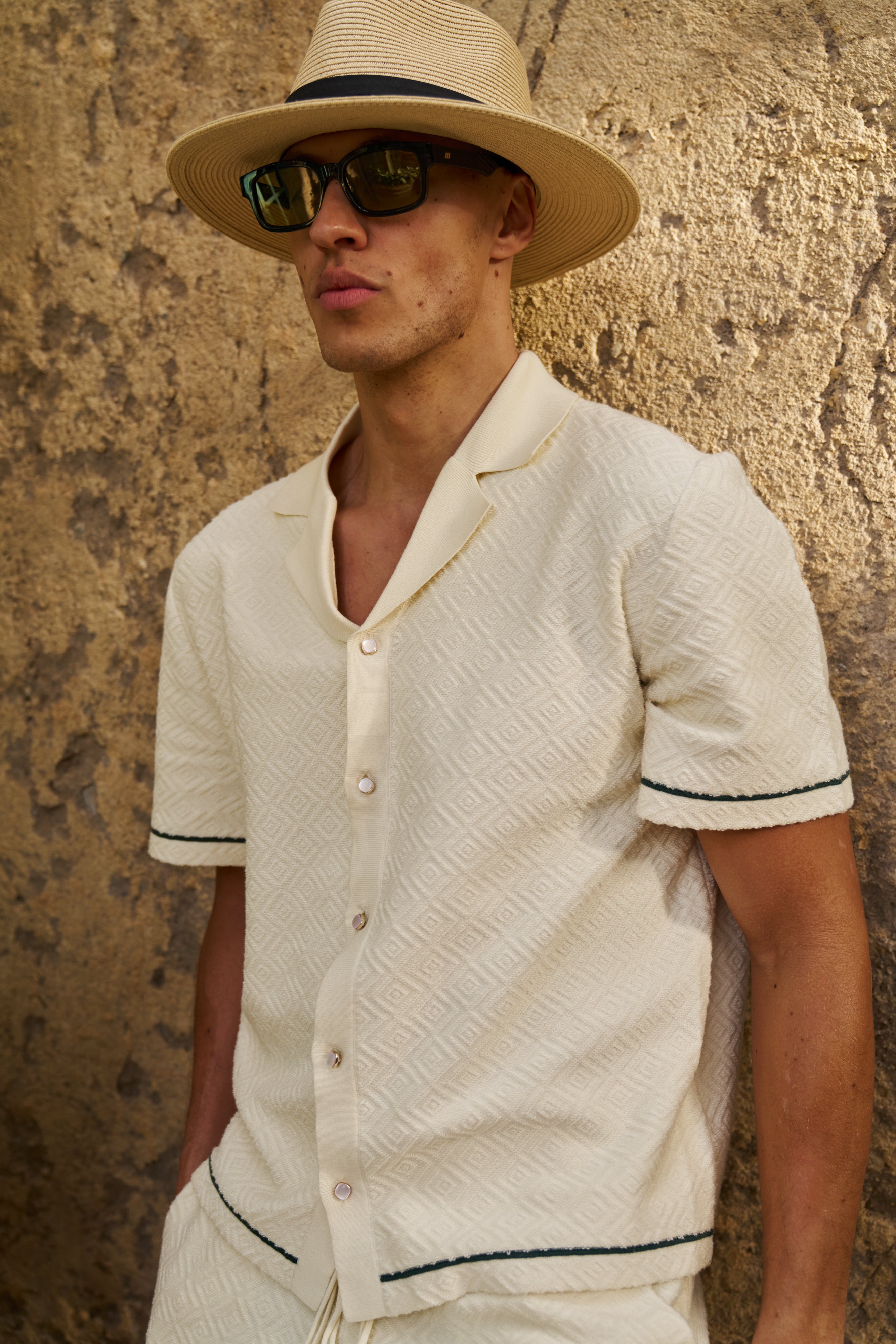 Sink Bottega Tile Cotton Shirt in Cream and Green