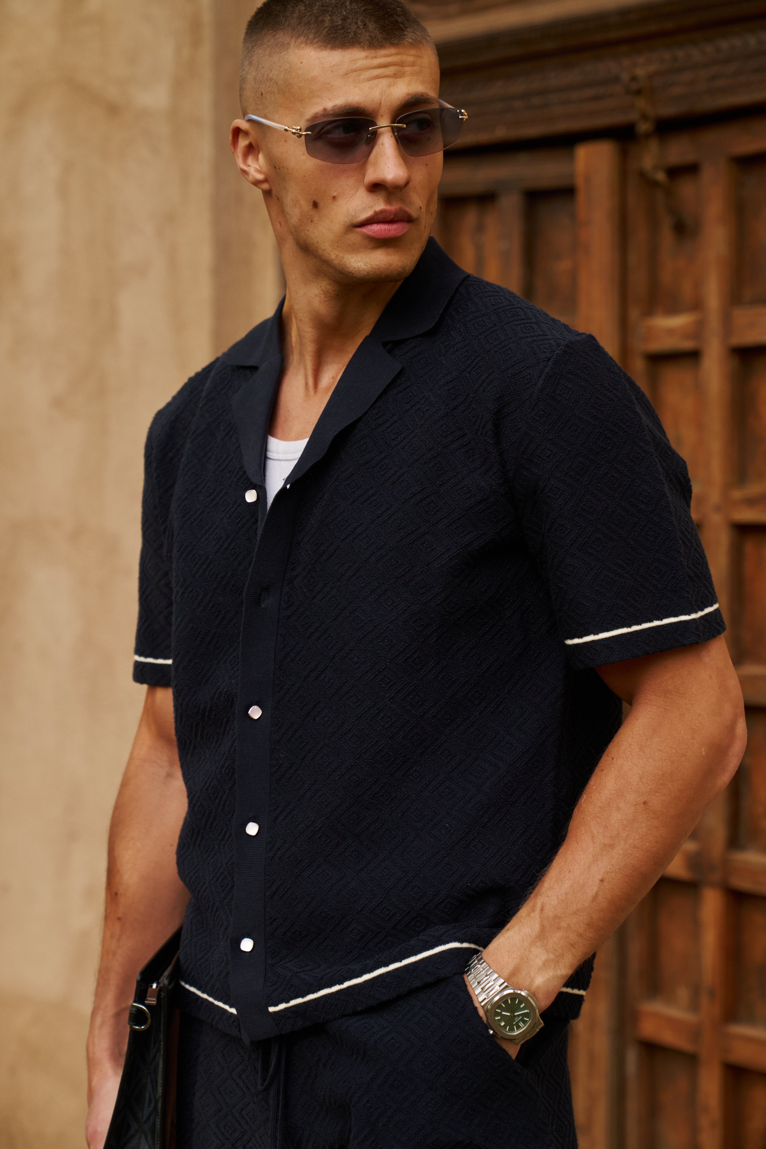 Sink Bottega Tile Cotton Short in Navy and White