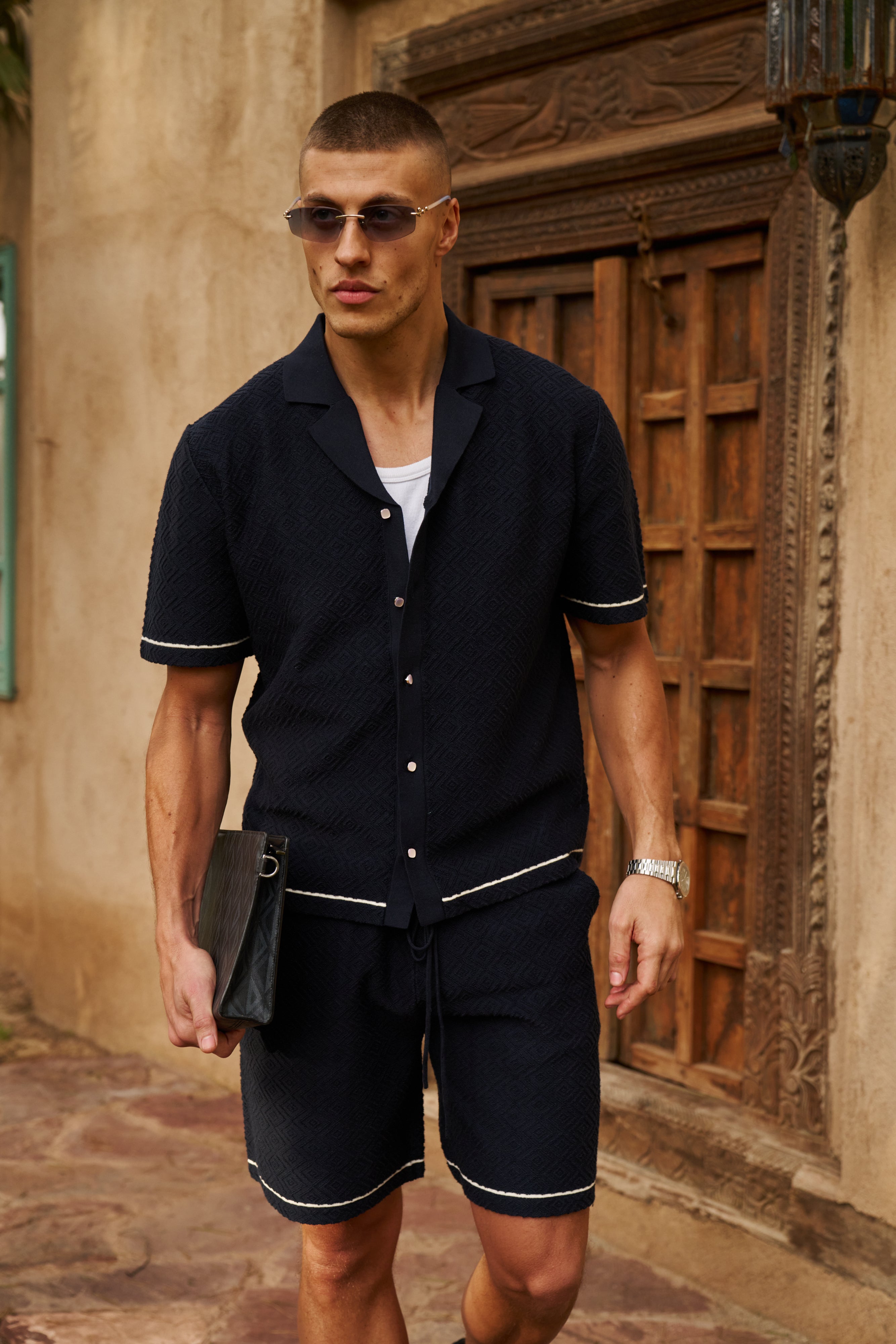 Sink Bottega Tile Cotton Shirt in Navy and White