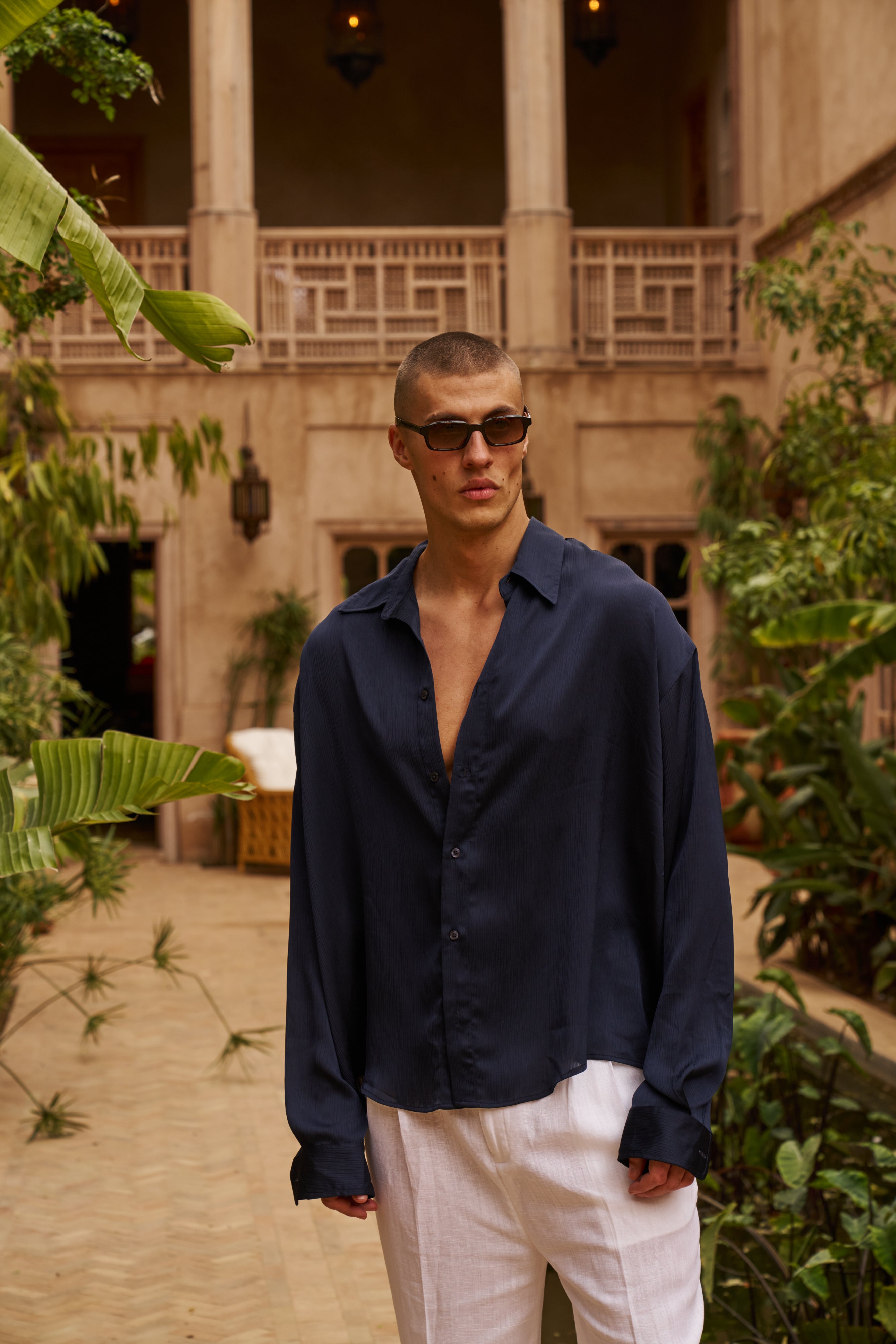 Sink Flow Satin Shirt in Navy