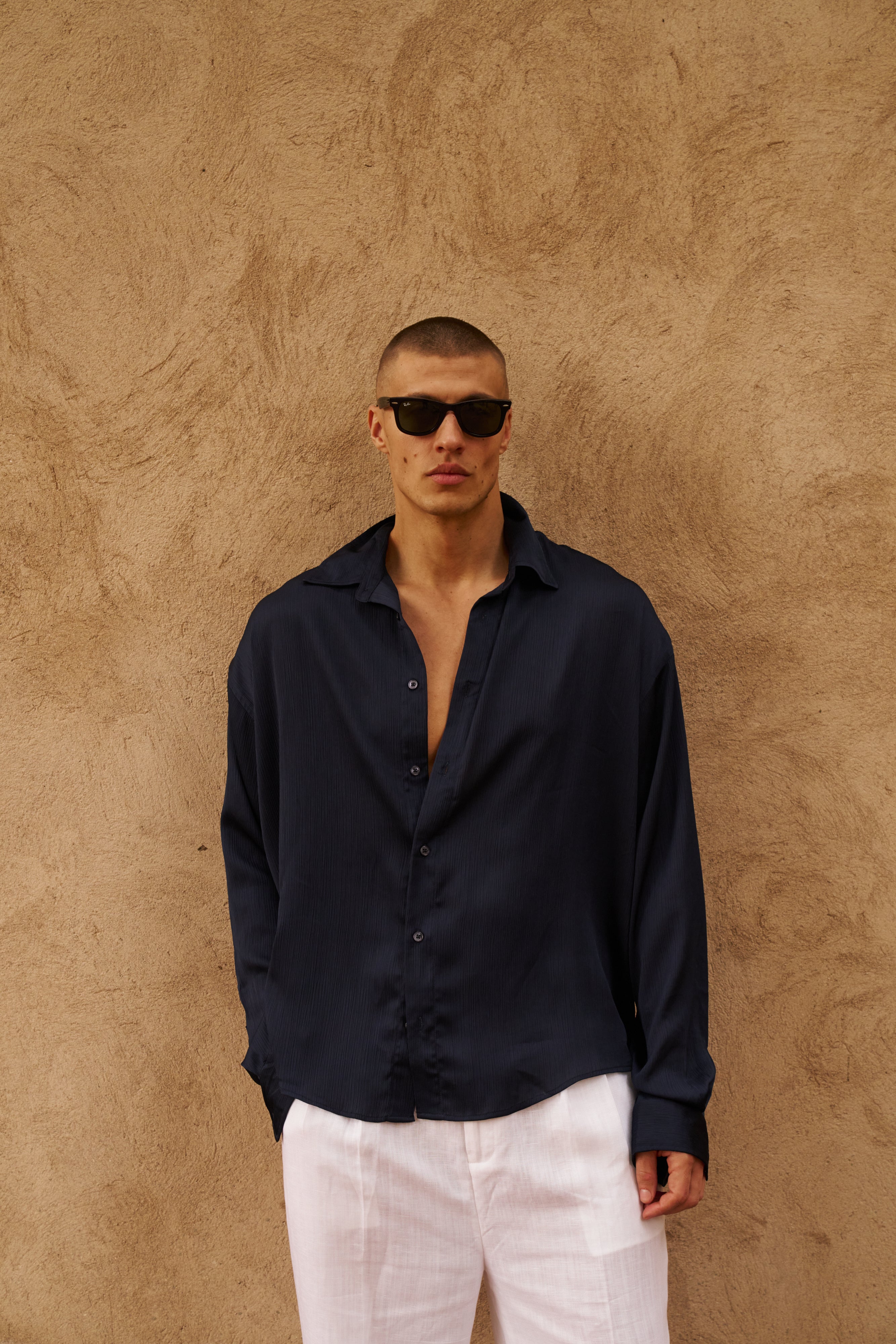 Sink Flow Satin Shirt in Navy