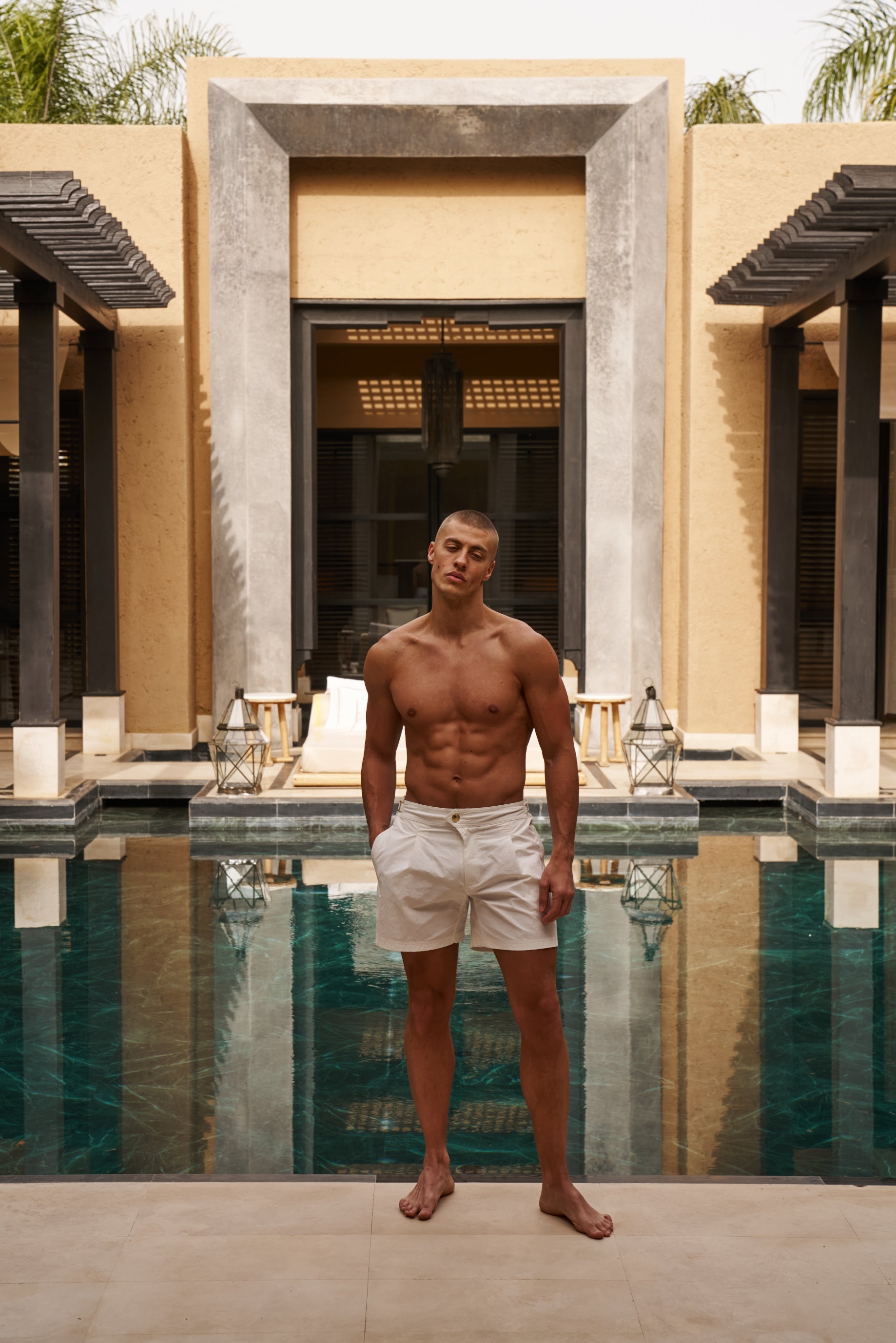 Sink Ripley 2.0 Tailored White Swim Shorts with Brown Trim