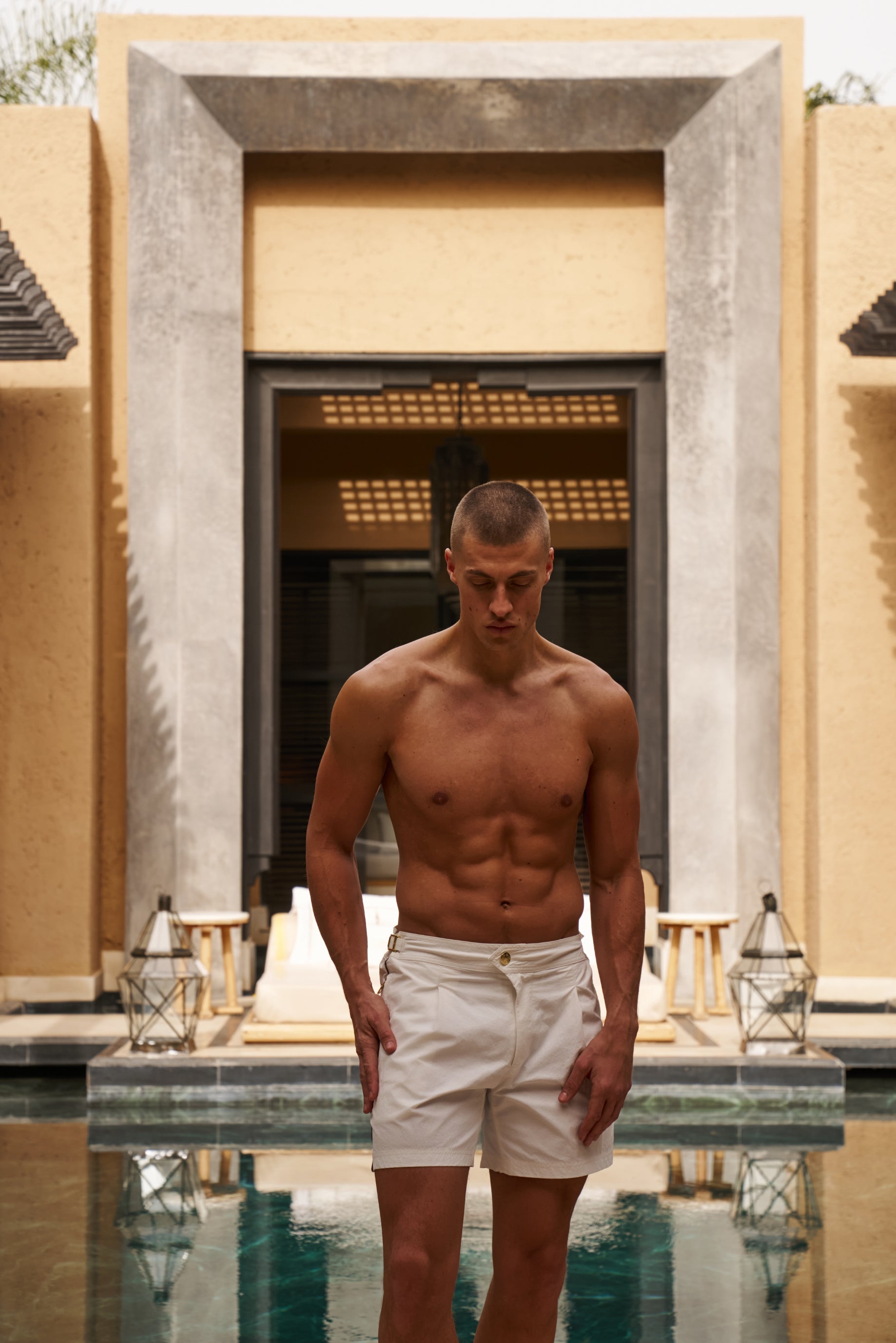 Sink Ripley 2.0 Tailored White Swim Shorts with Brown Trim